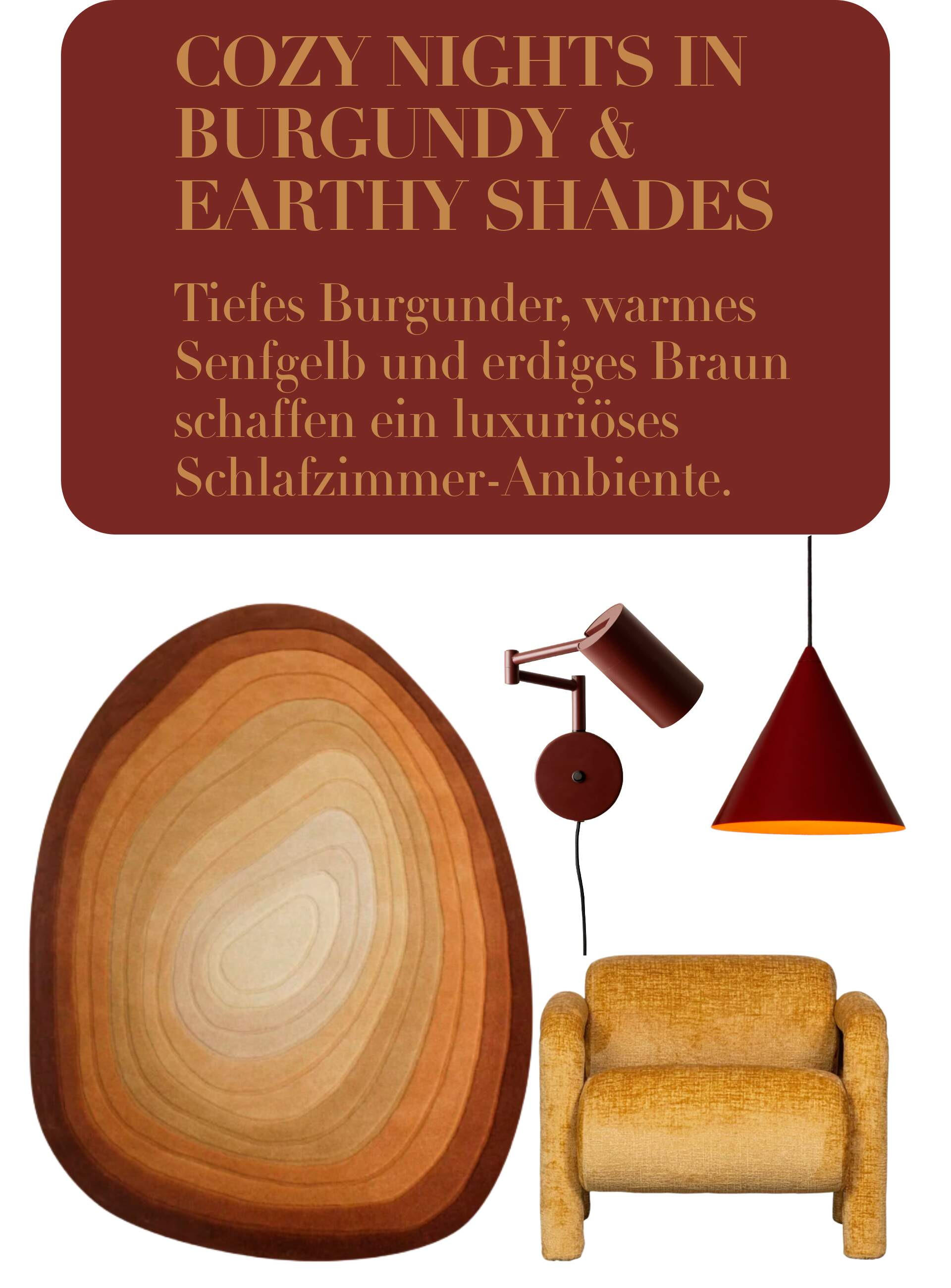 COZY NIGHTS IN BURGUNDY & EARTHY SHADES Tiefes Burgunder, warmes Senfgelb und erdiges Braun schaffen ein luxuriöses Schlafzimmer-Ambiente.