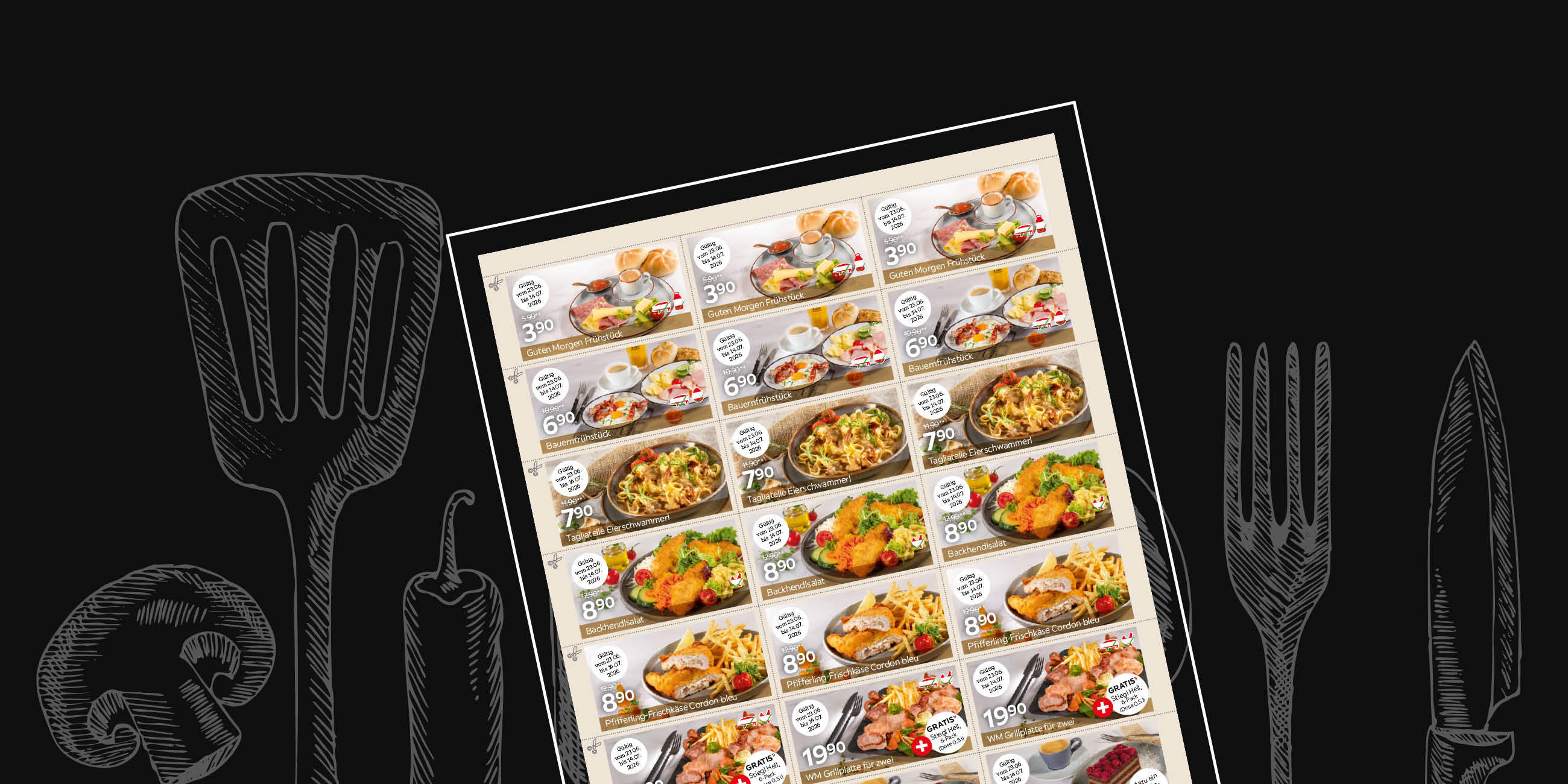 Übersichtsseite mit Speisenfotos aus dem XXXL Restaurant, dunkler Hintergrund mit Besteck-Illustrationen