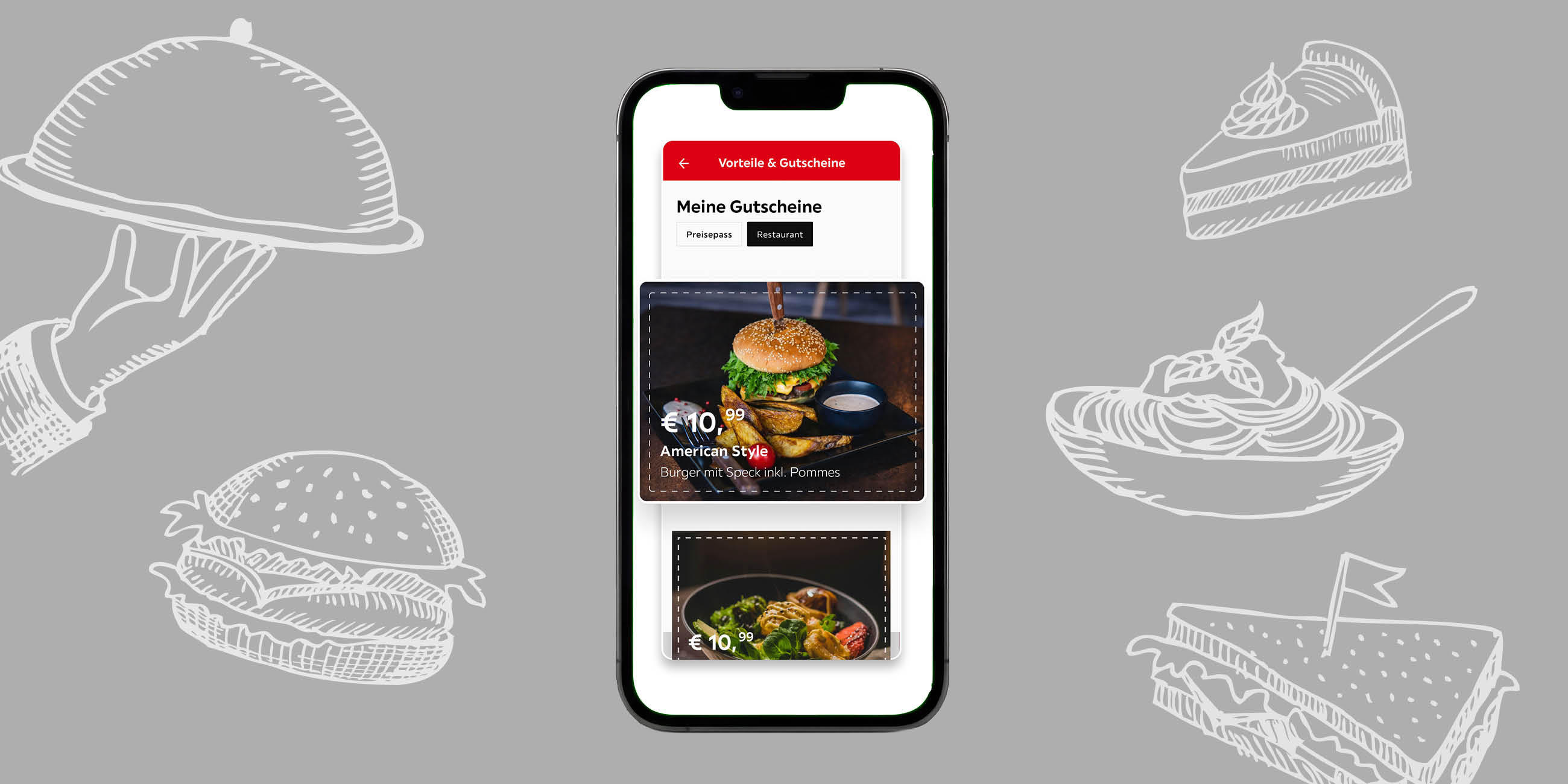 Smartphone mit App-Ansicht „Meine Gutscheine“ auf grauem Hintergrund, umgeben von Food-Illustrationen