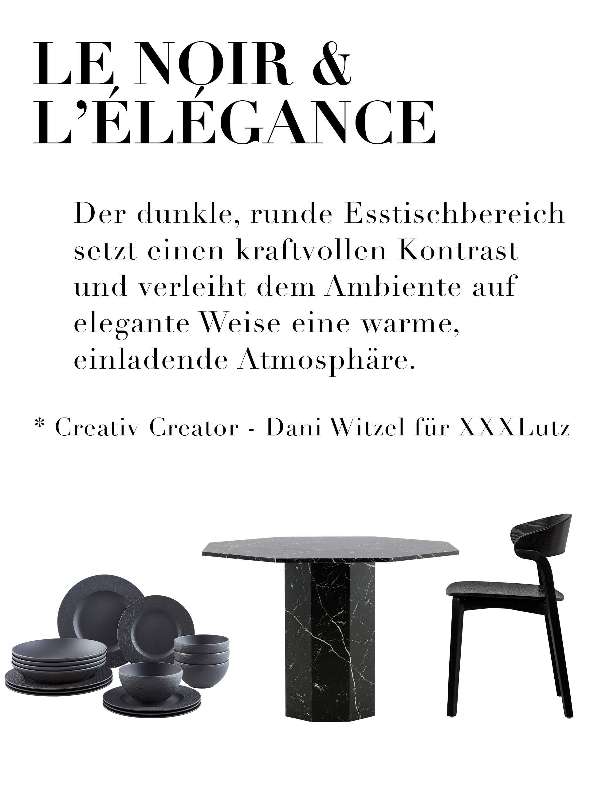 Le Noir & L'Élégance. Der dunkle, runde Esstischbereich setzt einen kraftvollen Kontrast und verleiht dem Ambiente auf elegante Weise eine warme, einladende Atmosphäre. Creative Creator - Dani Witzel für XXXLutz
