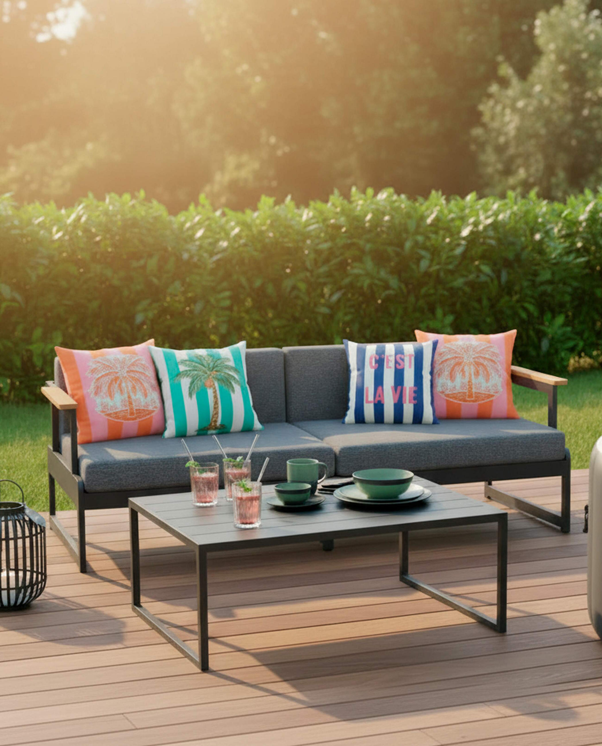 Modernes Lounge-Sofa und Whirlpool auf der Terrasse, dekoriert mit Kissen, Gläserset, Geschirr und einer Laterne für eine stilvolle Wohlfühlatmosphäre.