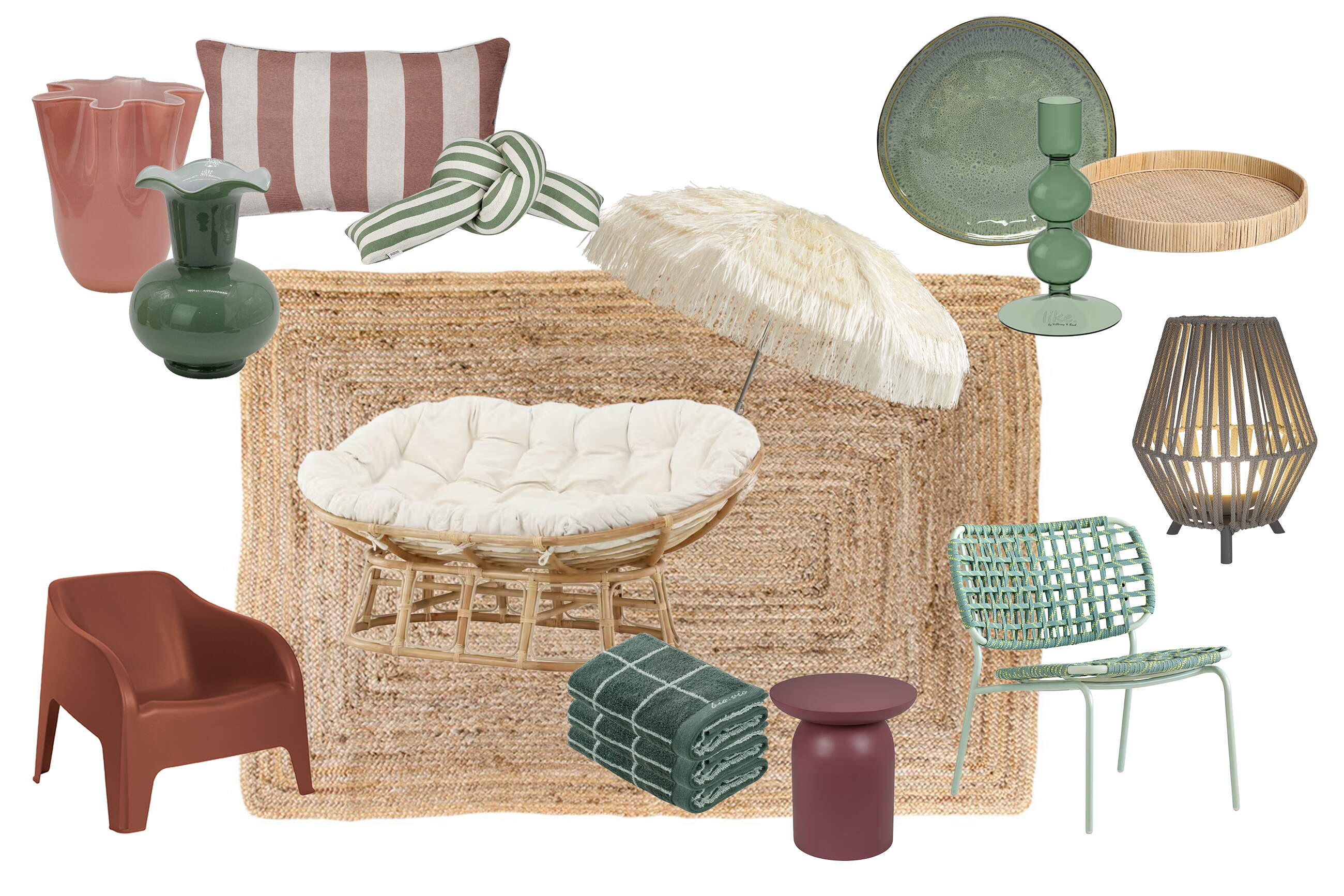 Collage mit Gartenprodukten: Jute-Teppich, Outdoor-Stühle, Kissen, Vasen, Tablett, Lampe, Handtuch und Deko