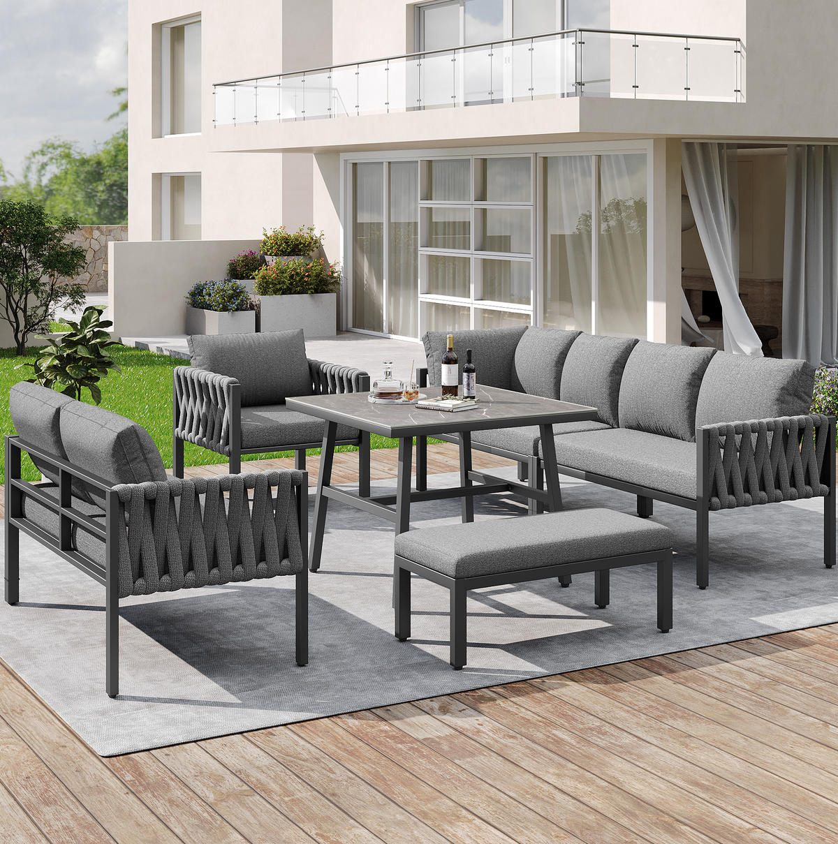 GARTENMÖBEL-SET mit Metallgestell & Glas-Tisch, Ecksofa, verstellbare Füße, 238/61/78 cm, Grau - Grau, Metall - Redom