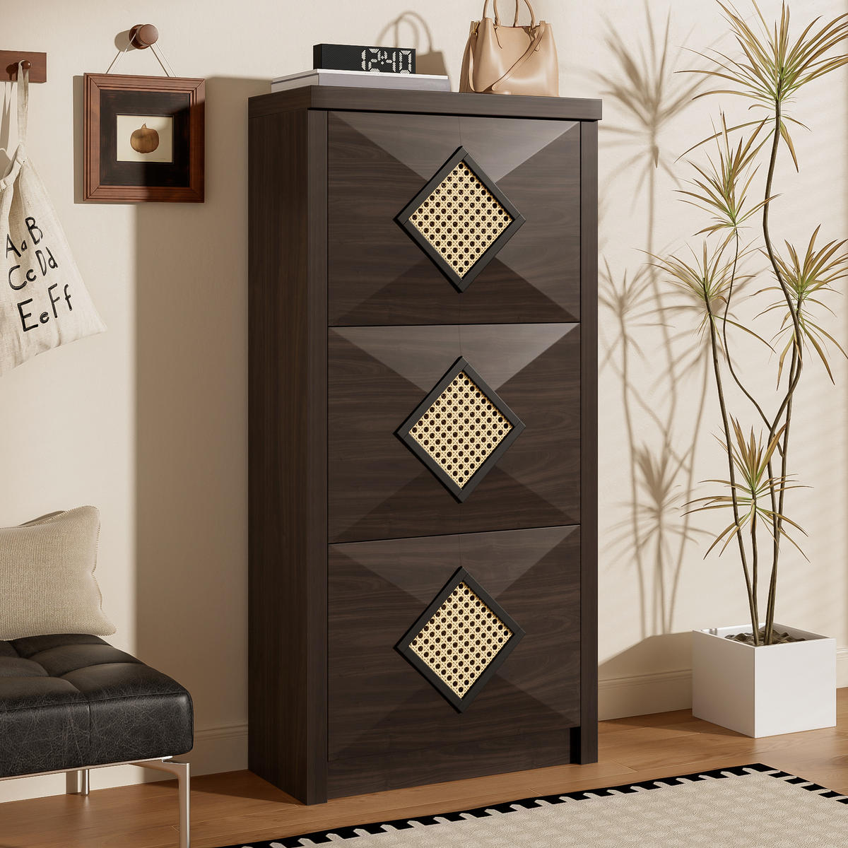 SCHUHSCHRANK 54x25x115 Rattan Dekor 3 Klappfächer Holzoptik - Naturfarben, Holzwerkstoff (25/115/54cm) - FLIEKS