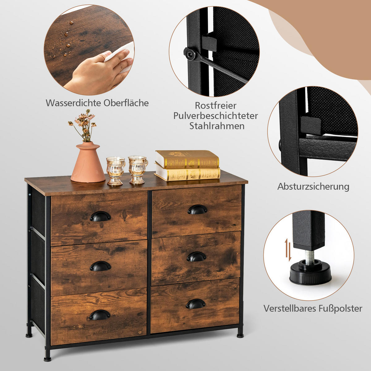 BEISTELLSCHRANK Kommode Braun - Braun, Holz (30/63/80cm) - COSTWAY