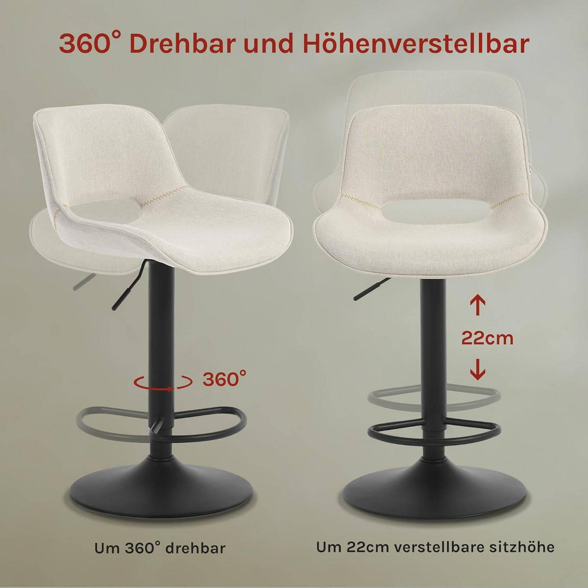 BARHOCKER höhenverstellbar, aus Metall - Beige, Textil/Metall (49/106/49cm) - Woltu
