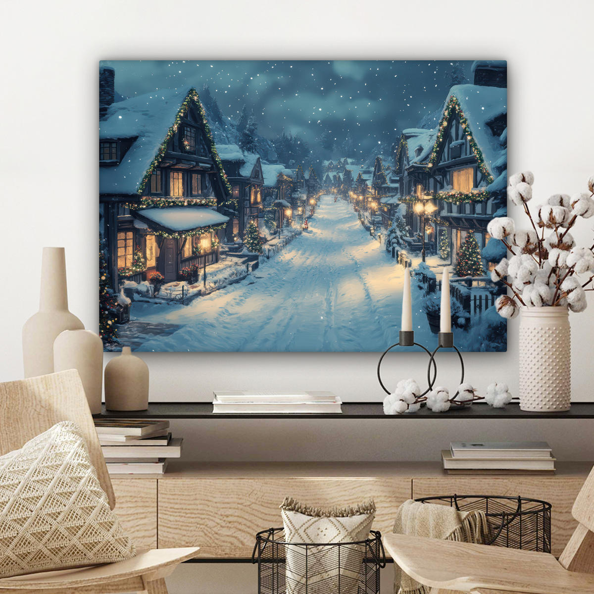 LEINWANDBILD Weihnachtsdorf - Weihnachten - Schnee - Winter Wandbilder 80x60 cm - Dunkelblau, Textil (80/60cm) - MuchoWow