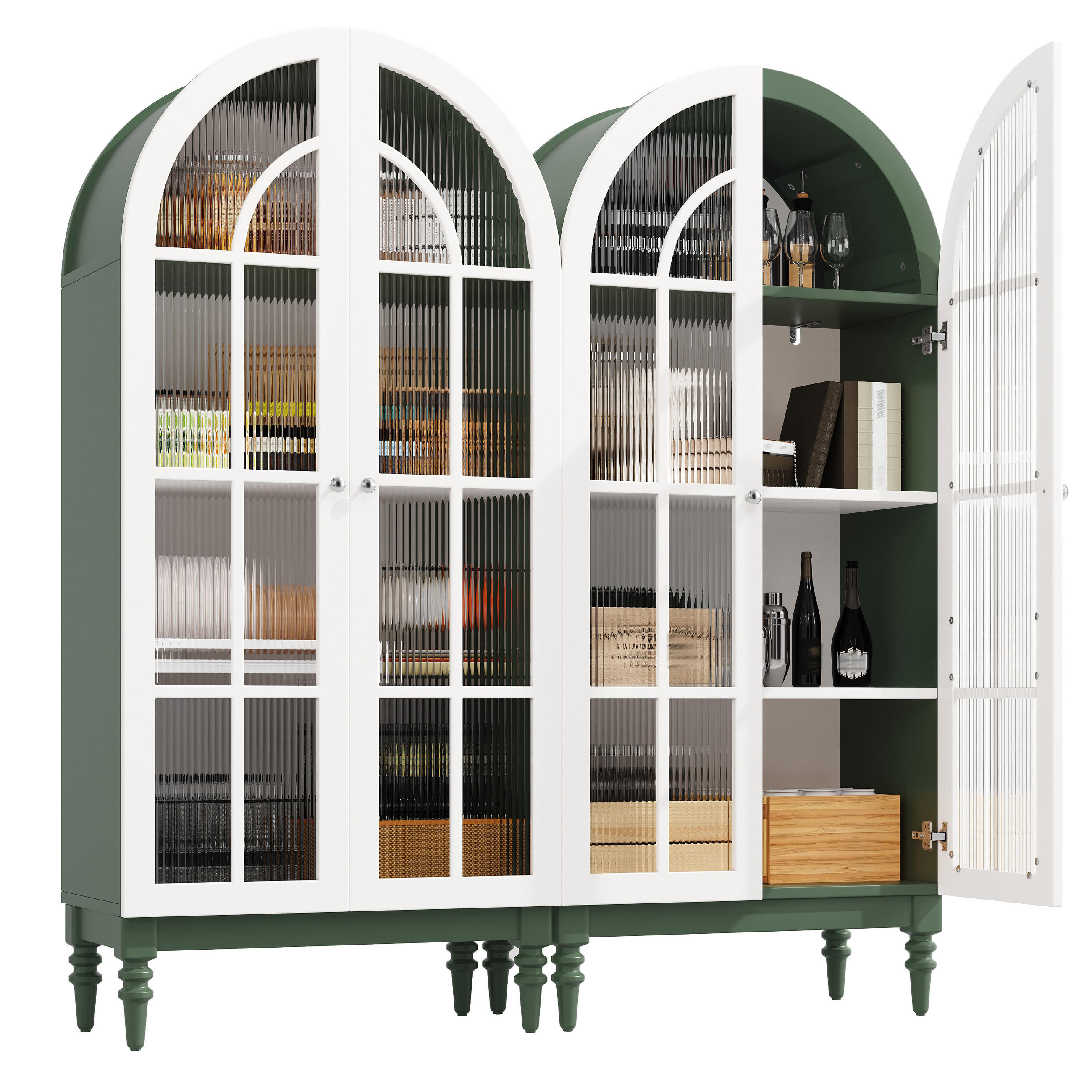 HIGHBOARD Grün 76×38,5×165 cm mit Bogenfront und Riffelglas-Türen aus Holzwerkstoff, 2er-Set - Grün, Holzwerkstoff (76/165/38.5cm) - Luhomfu