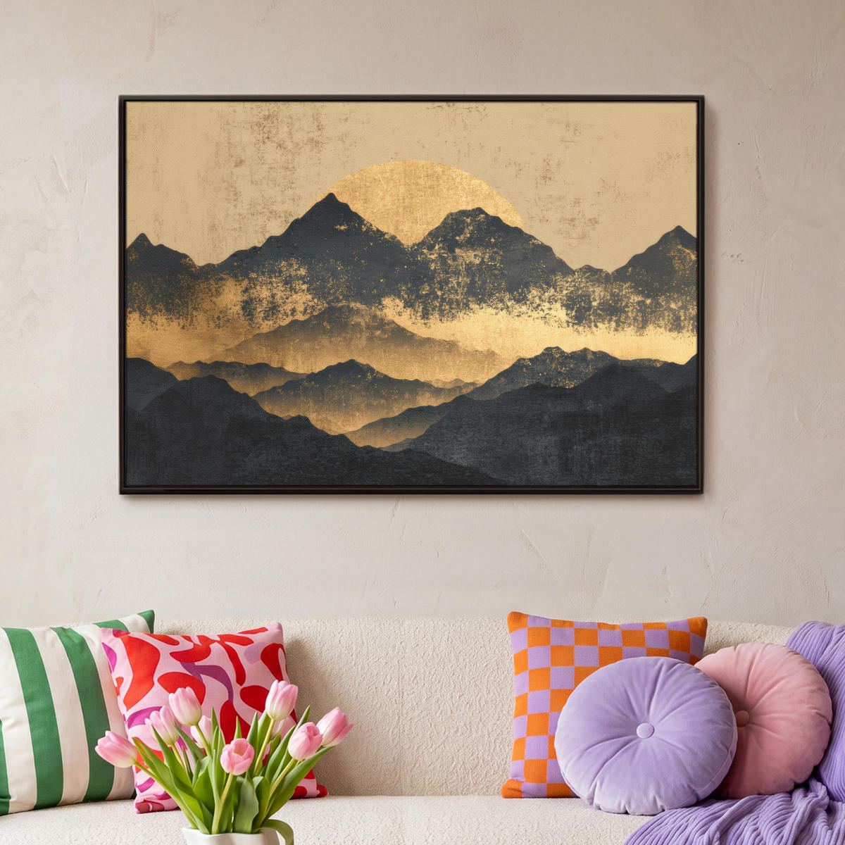LEINWAND Bilder mit Rahmen - Goldene Berge bei Mondschein - 90x60 - Goldfarben, Textil (90/60cm) - MuchoWow