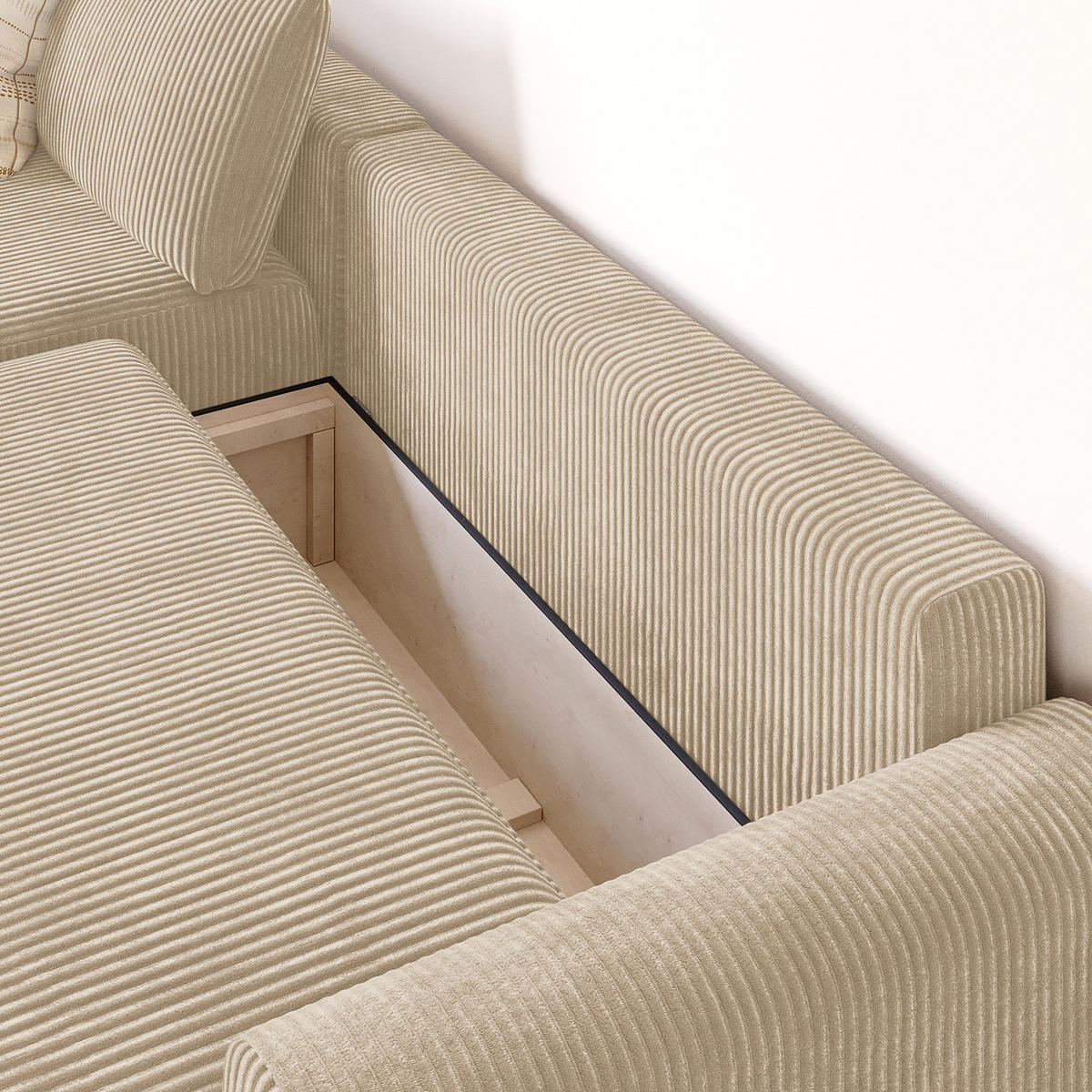 ECKSOFA mit Schlaffunktion - Longchair - Creme/Schwarz, Kunststoff/Textil (253/167cm) - home24