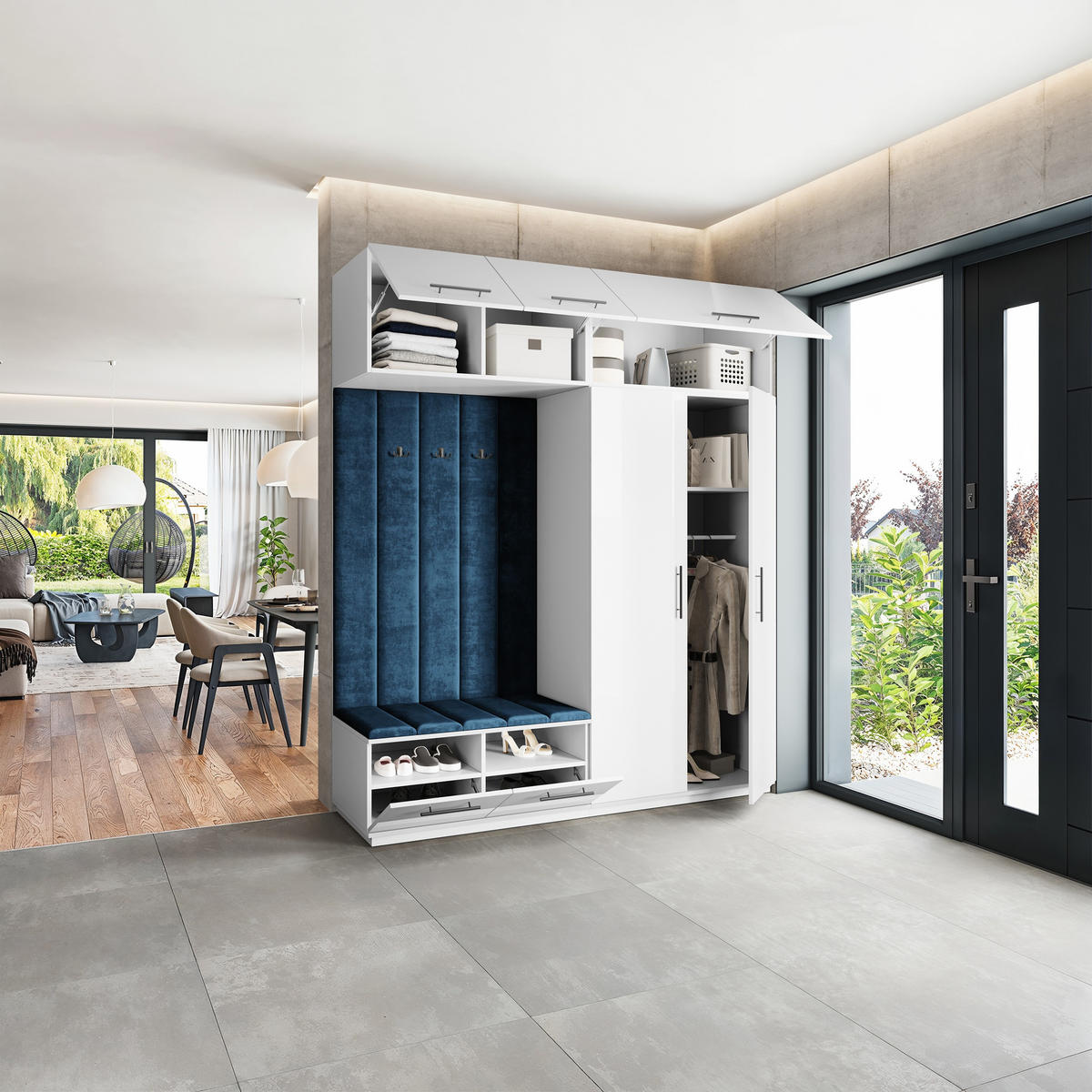 GARDEROBENSCHRANK REMA 200/240/60 cm Modern Garderobe-Set Weiß - Blau/Weiß, Holzwerkstoff (200/240/60cm) - MASSENO