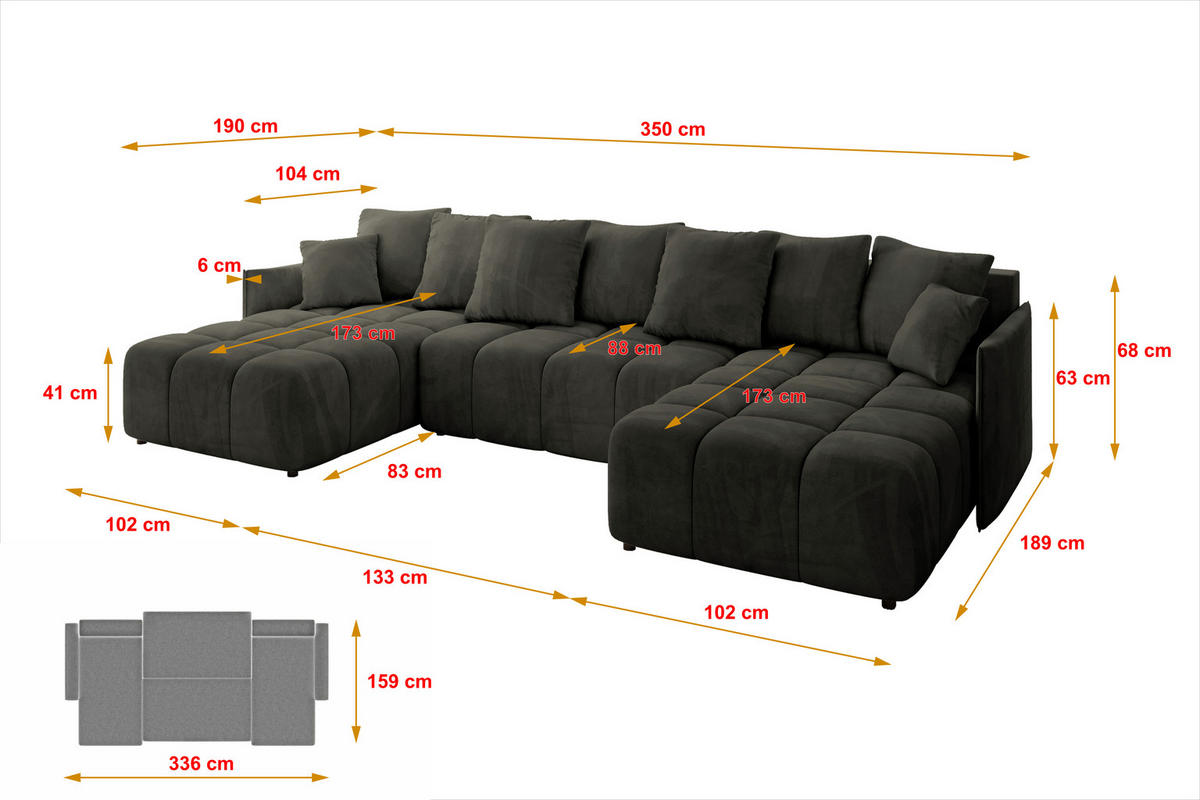 WOHNLANDSCHAFT LONLI-U 355x189x68 Schwarz Velours - Schwarz, Holzwerkstoff/Kunststoff (350/68/190cm) - ALTDECOR