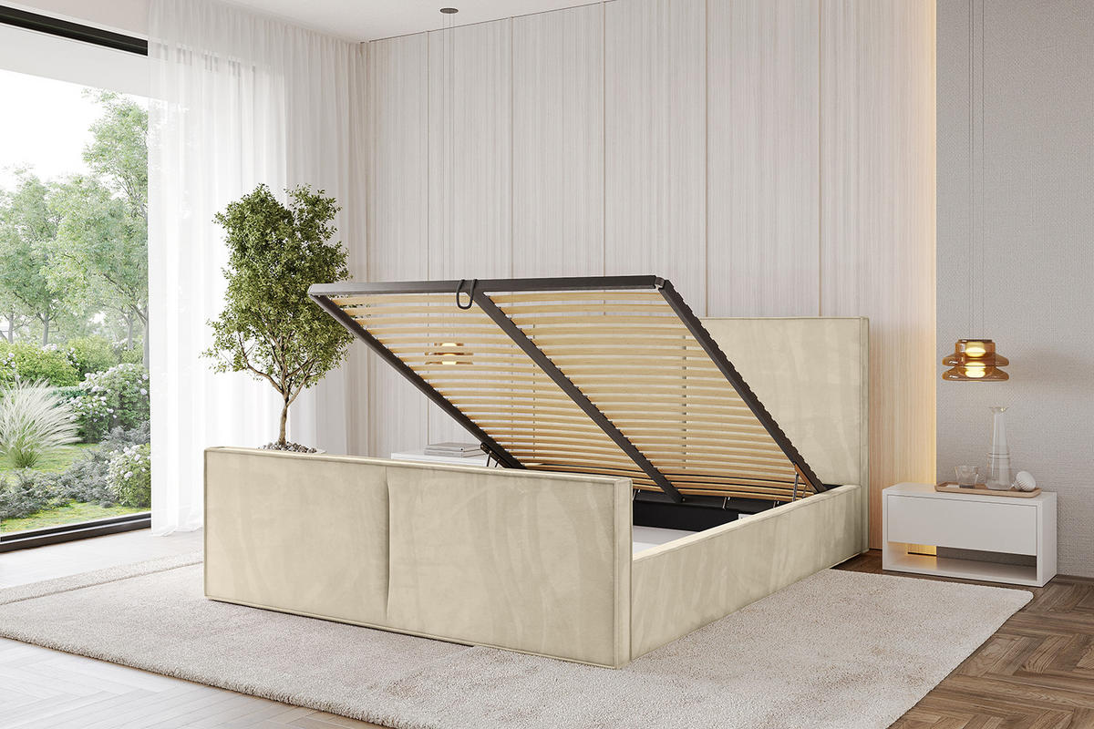 POLSTERBETT mit Bettkasten, Fußteil und Lattenrost, Boxbett mit Matratze H3/H4 - EMMI-Z 120x200 Beige - Ecru, Holzwerkstoff/Textil (120/200cm) - ALTDECOR