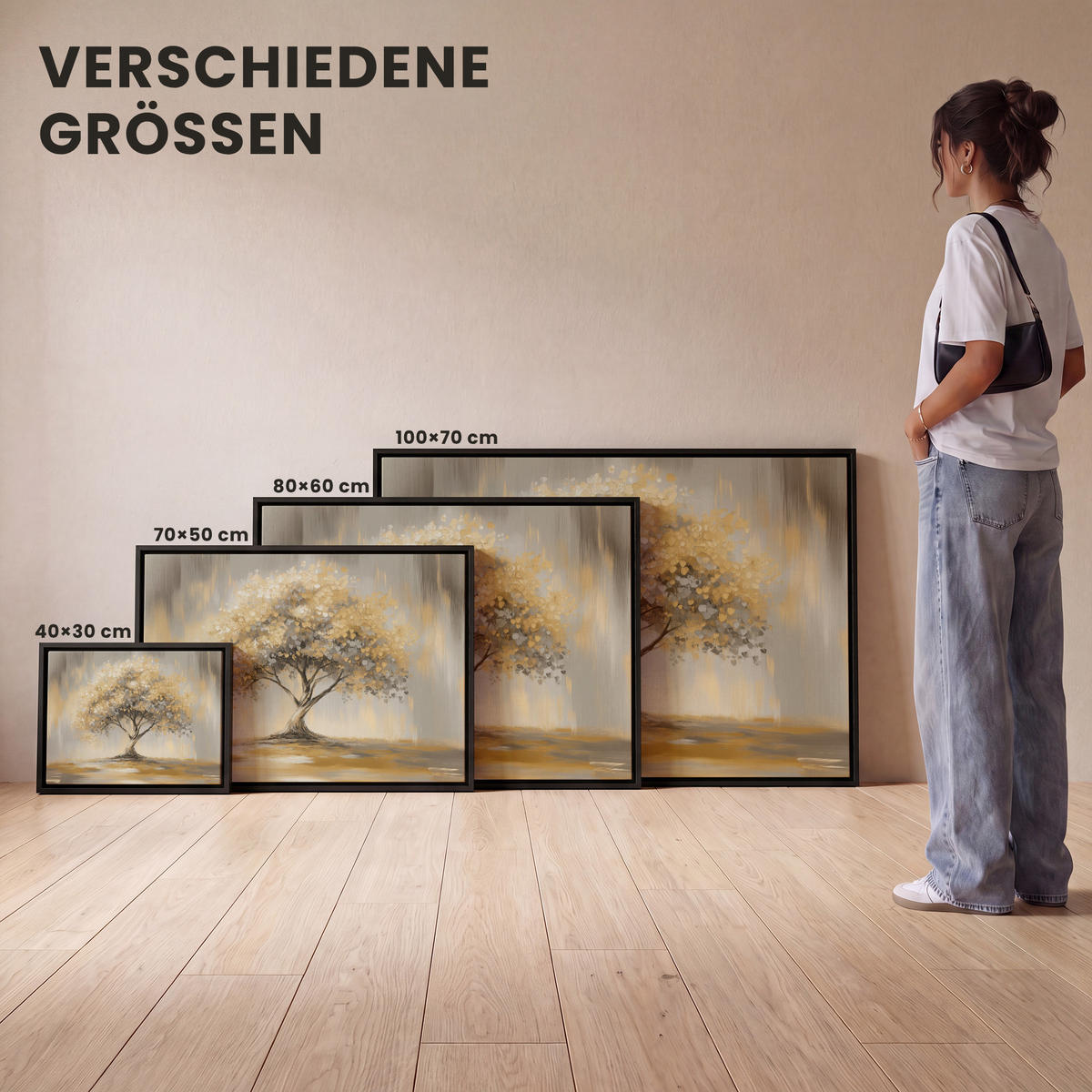 LEINWAND Bilder mit Rahmen - Gemälde - Baum - Abstrakt - Blätter - 40x30 - Beige, Textil (40/30cm) - MuchoWow