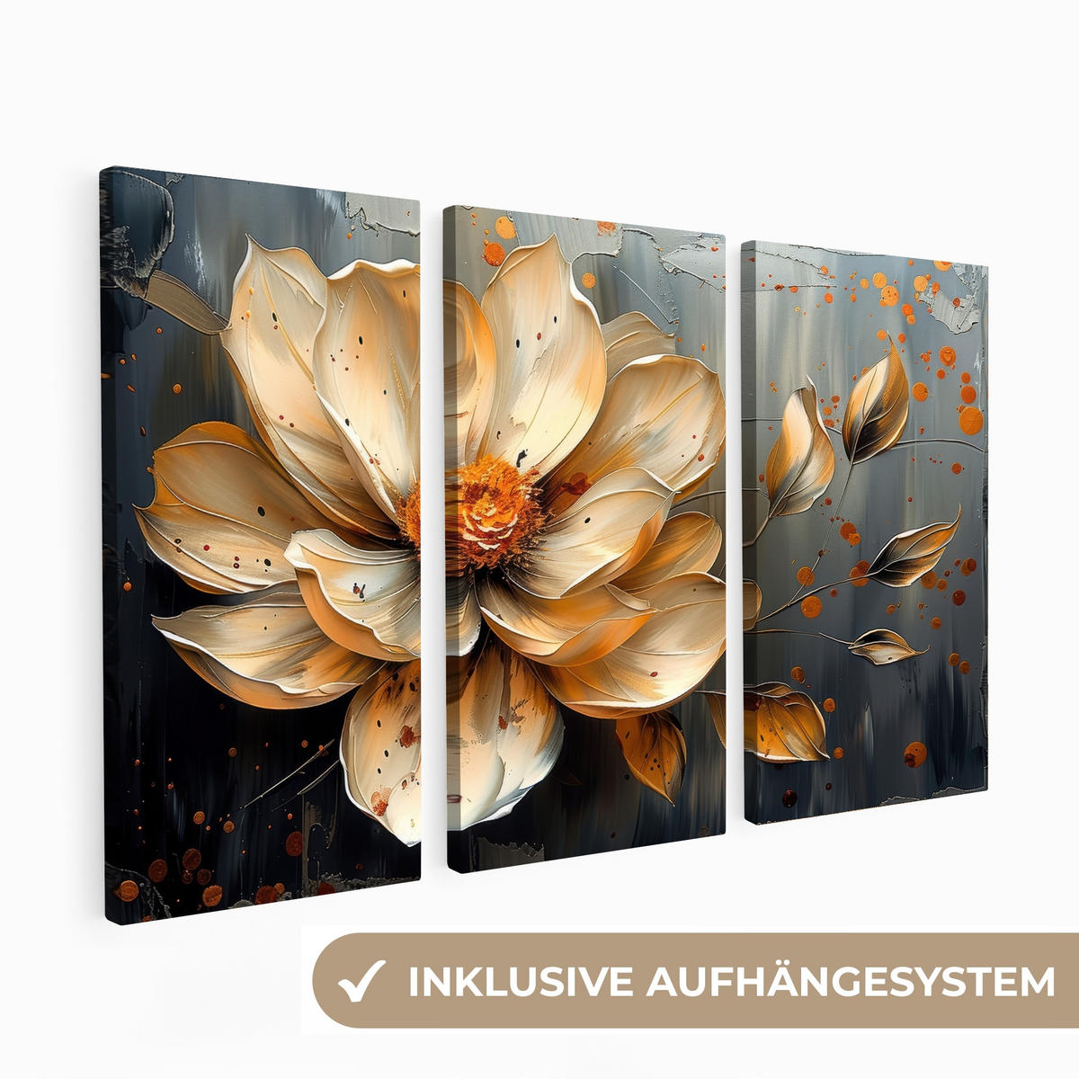 LEINWANDBILD 3er Set Blume - Gold - Abstrakt - Farbe 60x40 cm - Creme, Textil (60/40cm) - MuchoWow