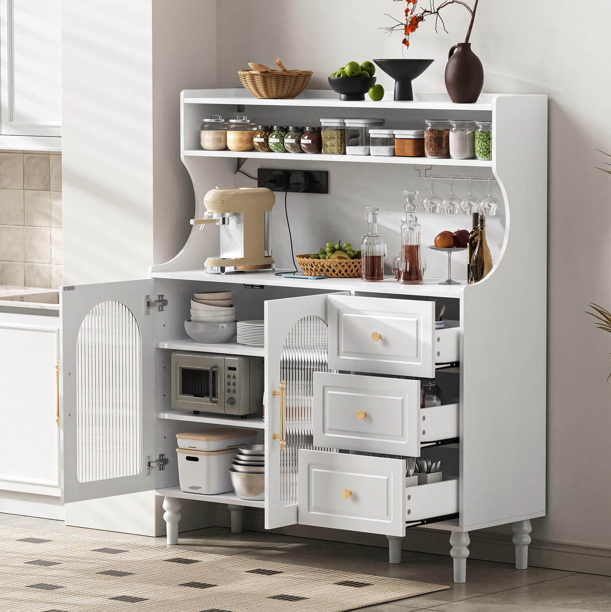 BUFFET 120x40x138.5 cm Weiß mit Fluted Glas & Ladestation - Weiß, Holzwerkstoff (120/138.5/40cm) - Modfu