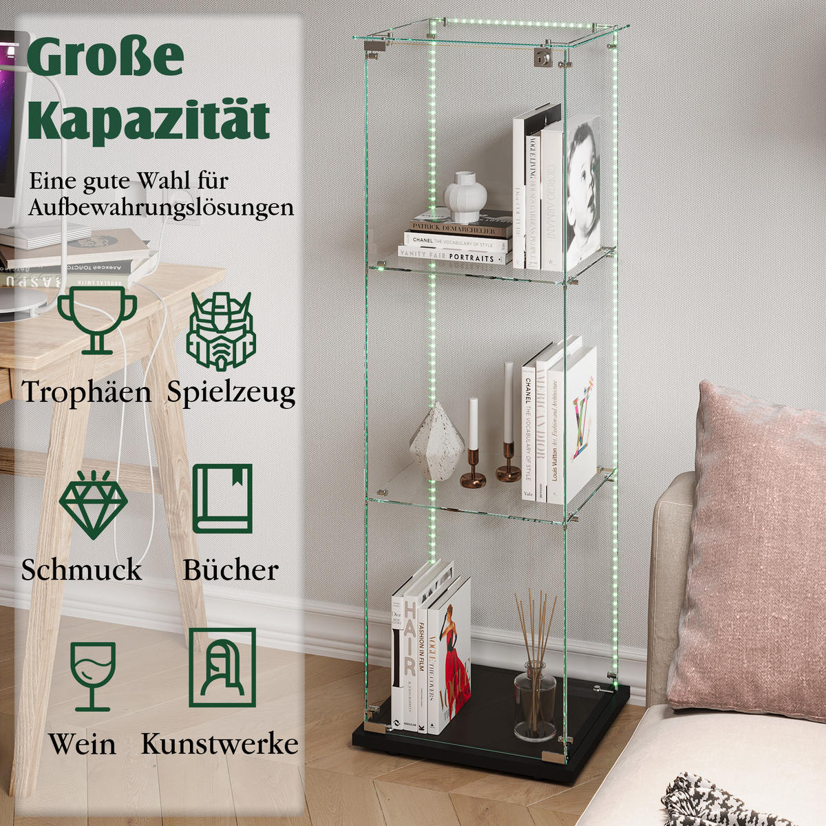 GLASVITRINE Standvitrine Mit LED, Schloss, 3 Regalen, Schwarz - Schwarz, Holz (35/123.3/39.8cm)