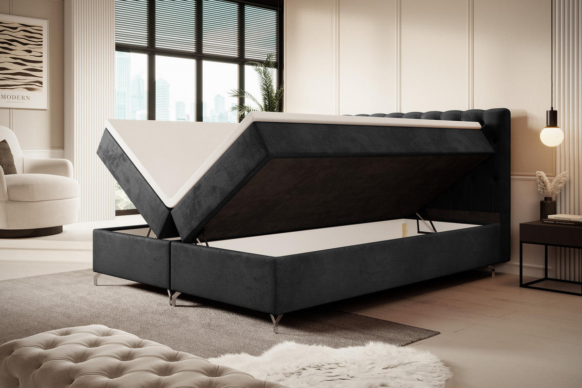 BOXBETT CHESTER 140x200, mit Matratze H3 und Topper, Monolith 97 - Dunkelgrau, Holz/Textil (140/200cm) - Bedante