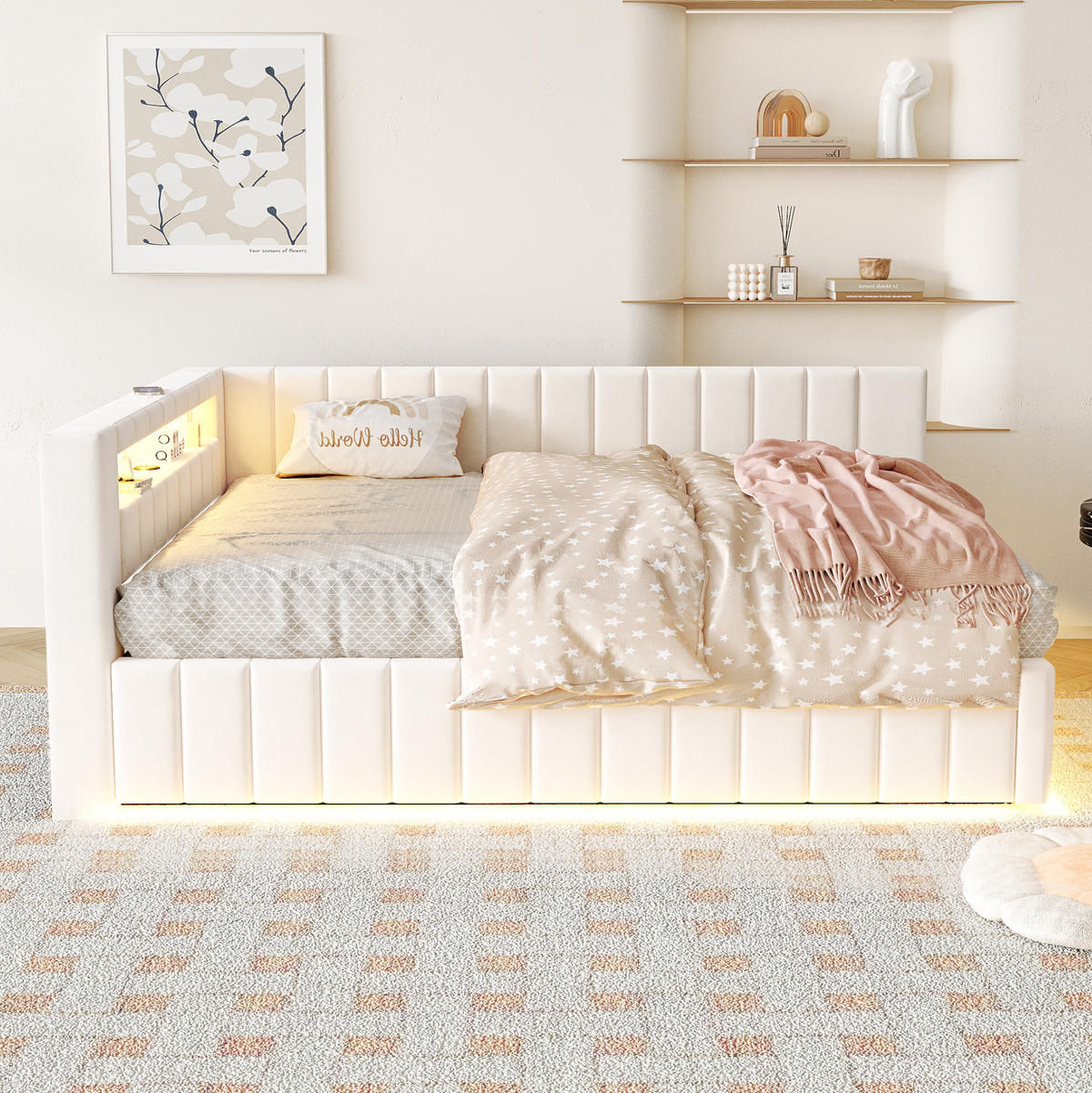 POLSTERBETT 140/200 cm aus Samtstoff mit LED-Beleuchtung USB-Anschluss und Stauraum Beige - Beige, Textil (140/200cm) - Modenvie