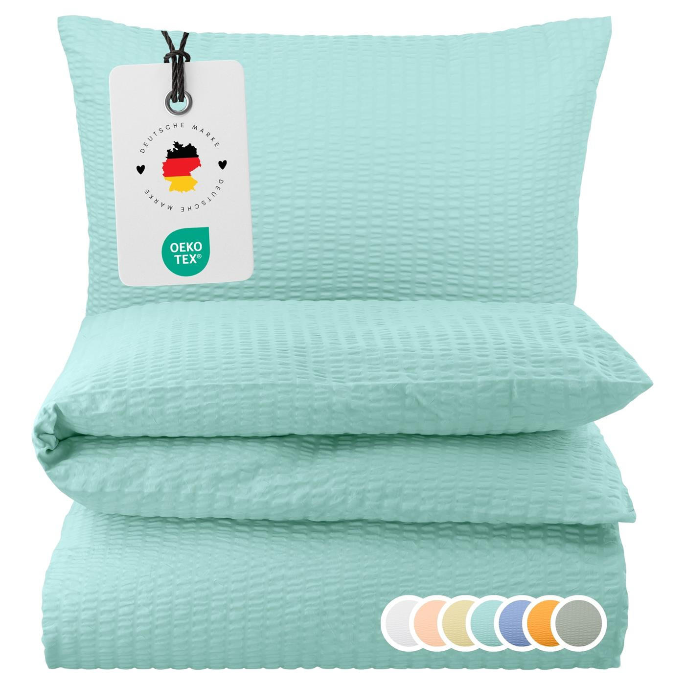 SEERSUCKER-BETTWÄSCHE 135x200 Uni Sommer Bettbezug Bügelfrei aus 100% Baumwolle, Bettbezüge einfarbig Mint Grün - Mintgrün, Textil (135/200cm) - Carpe Sonno