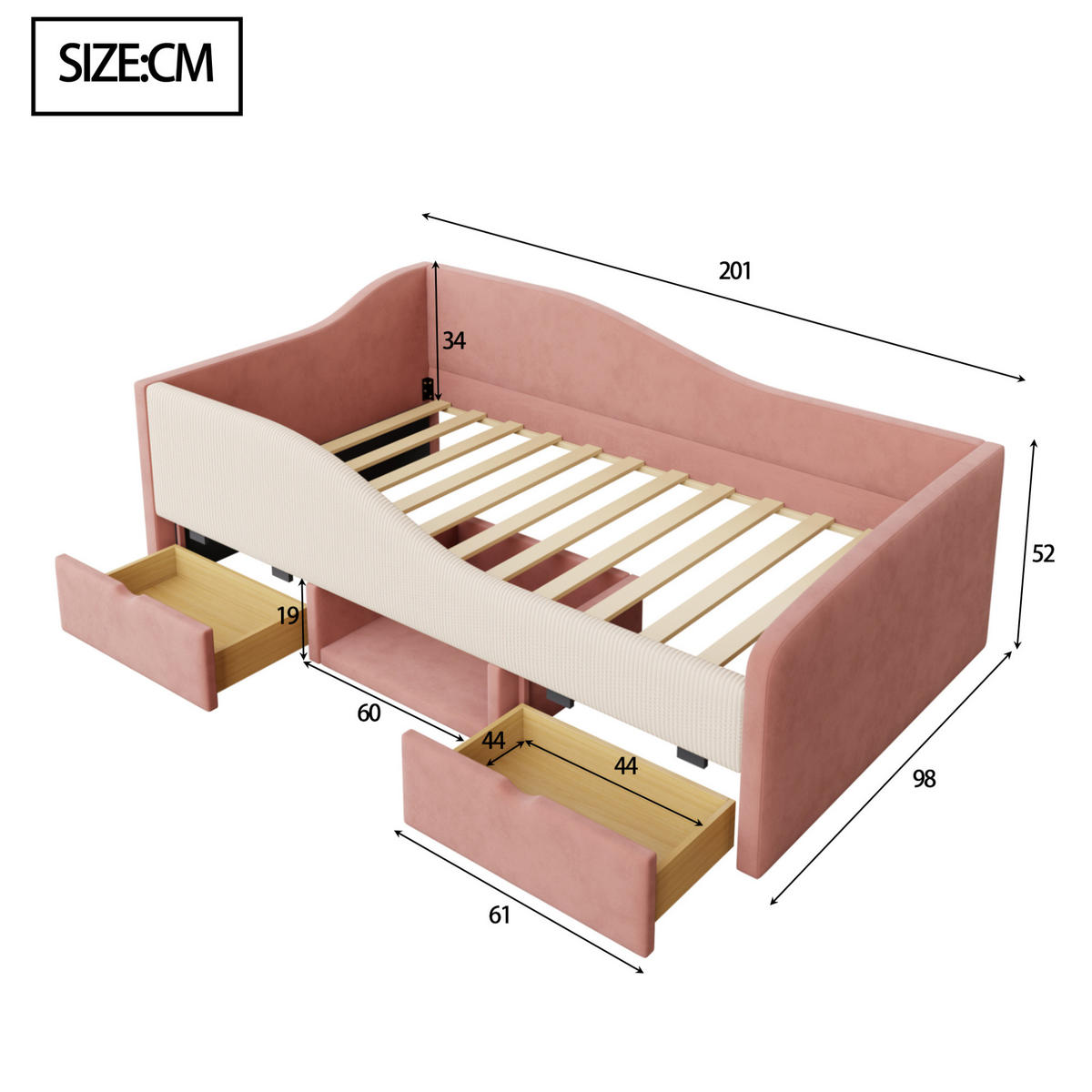 POLSTERBETT 90/190 cm rosa/cremeweiß aus Samt mit 2 Schubladen - Rosa, Textil (90/190cm) - OKMYHOME
