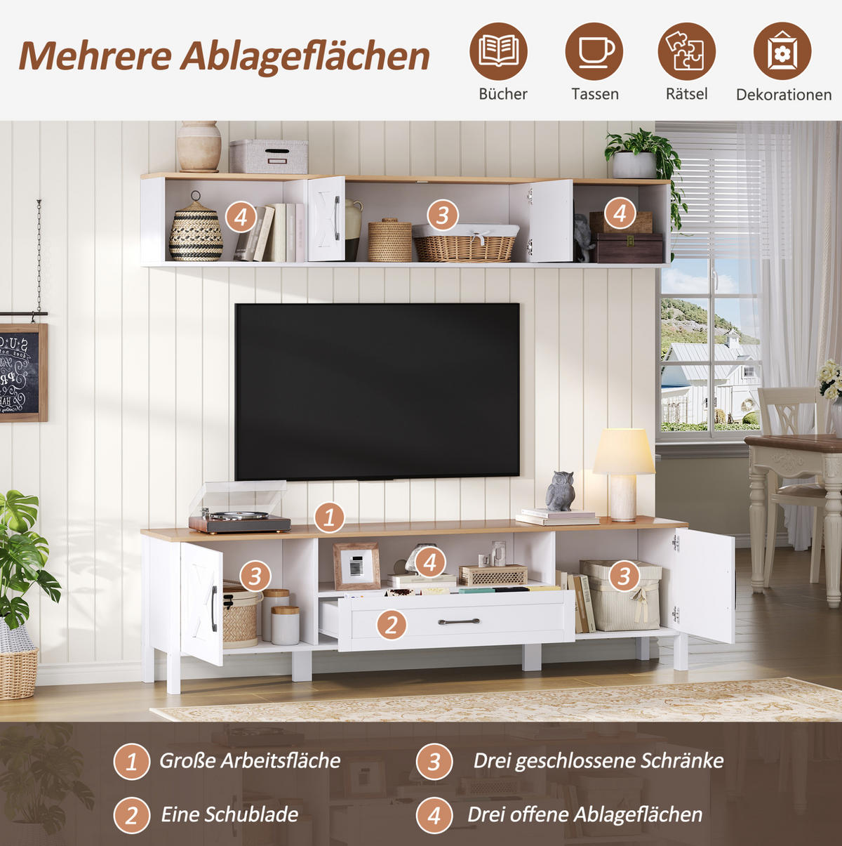 TV set za dnevni boravak 180/40/50 cm bijeli od MDF-a s visećom vitrinom i 4 ormarića - bijela, drvni materijal (180/50/40cm) - OKWISH