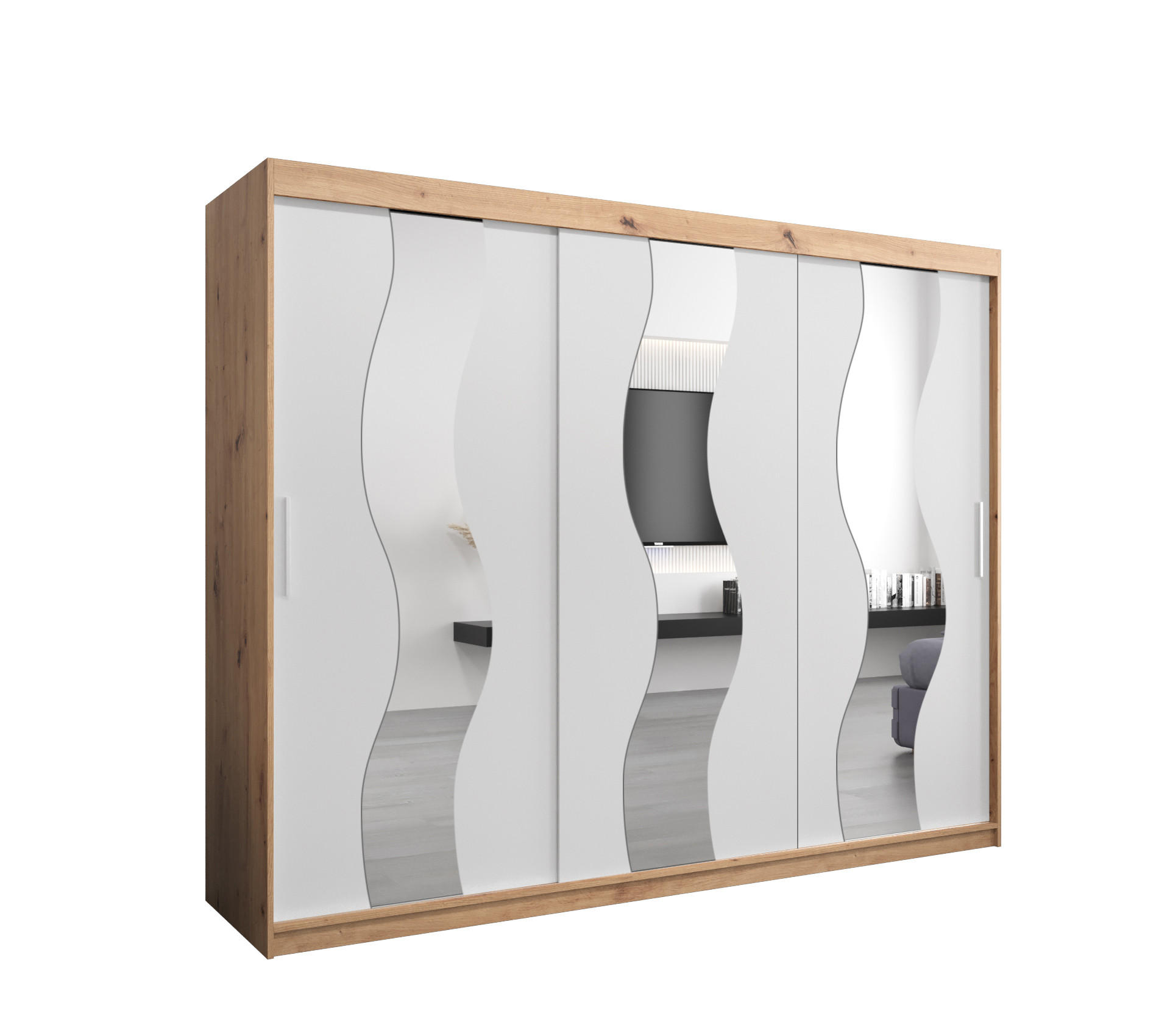 Abiks Möbel Schwebetürenschrank Eiche Artisan, Weiß 250x200x62 cm