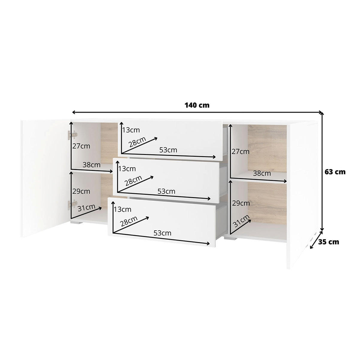 SIDEBOARD Glora Bílá - bílá, kompozitní dřevo (140/63/35cm) - Petits-meubles
