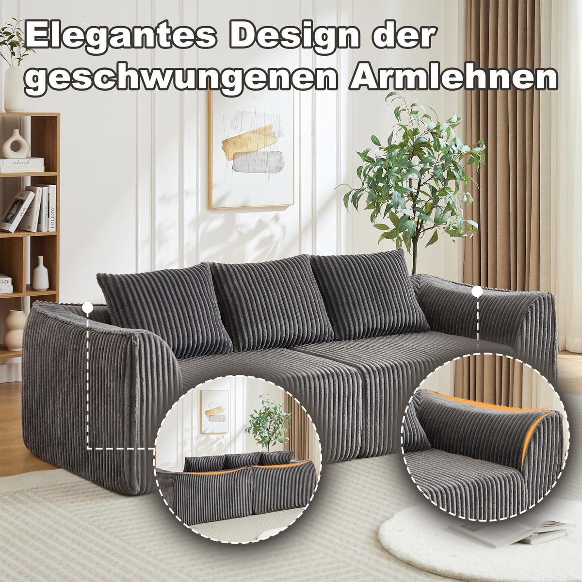 3-SITZER SOFA Cord Grau mit 2 Kissen - Grau, Textil (235.5/72.5/101cm) - WISHDOR