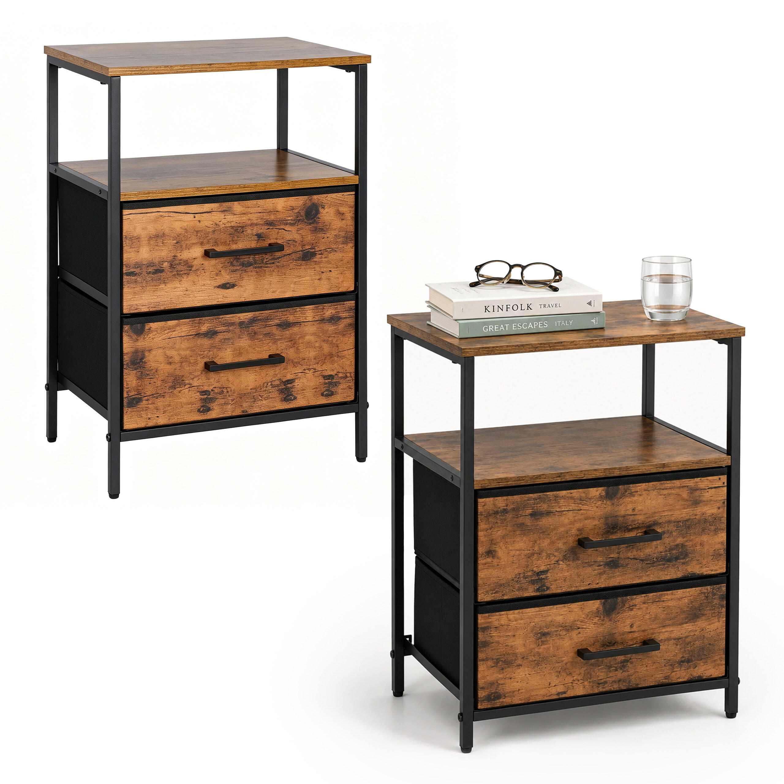 NACHTTISCH Schwarz Industrial 2er-Set - Braun, Holzwerkstoff/Textil (38/61/28cm) - Relaxdays