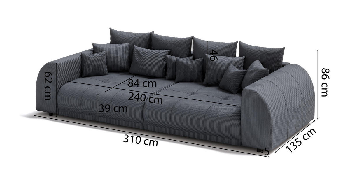 BIGSOFA Levana 5 Sitzer Grau Cord-Stoff - Schwarz/Grau, Holz/Kunststoff (310/86/135cm) - S-Style Möbel
