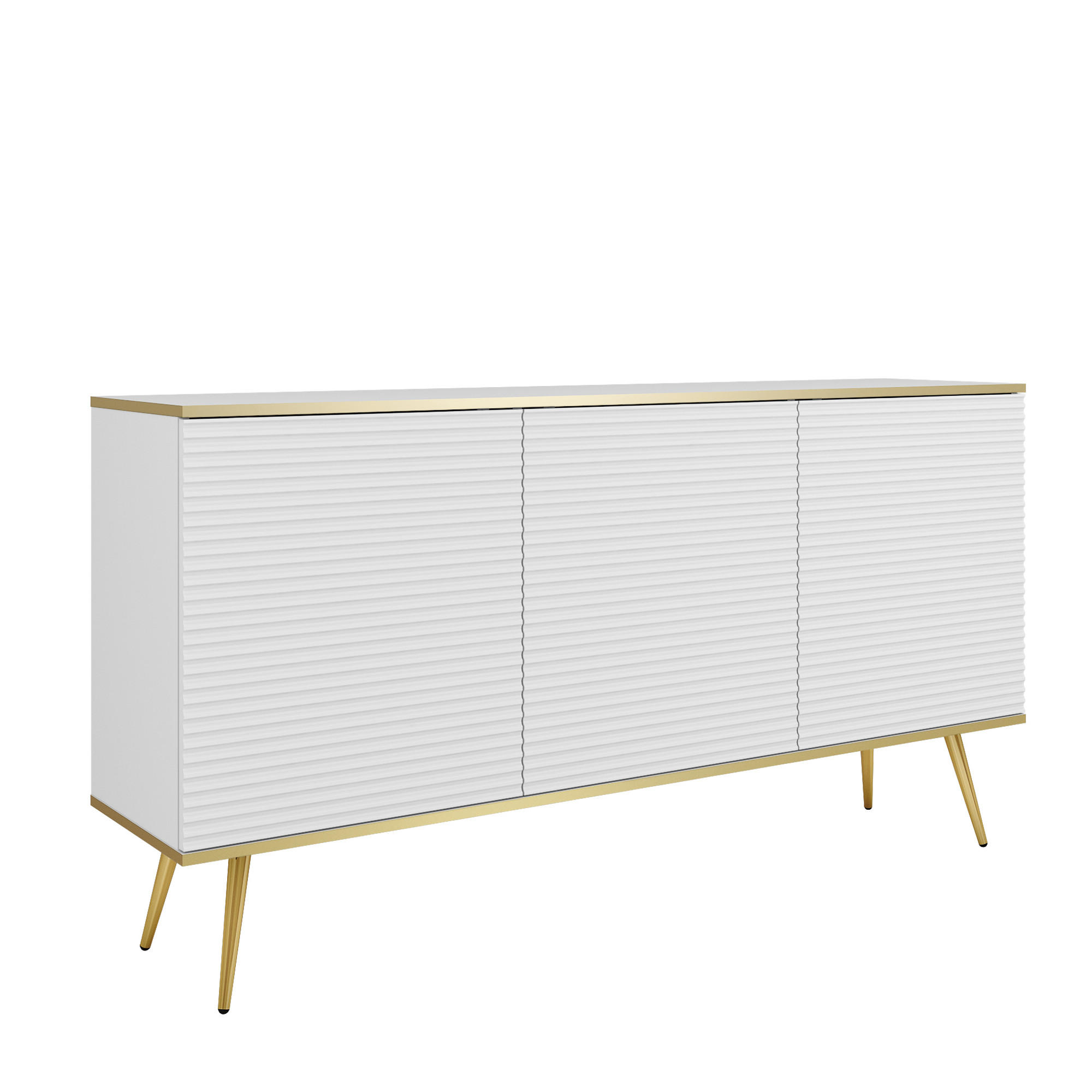 SIDEBOARD BANFF KOM2-3D Goldene Metallbeine, geriffelte Fronten, Weiß - Weiß, Holzwerkstoff/Kunststoff (160/85/39cm) - Komodee