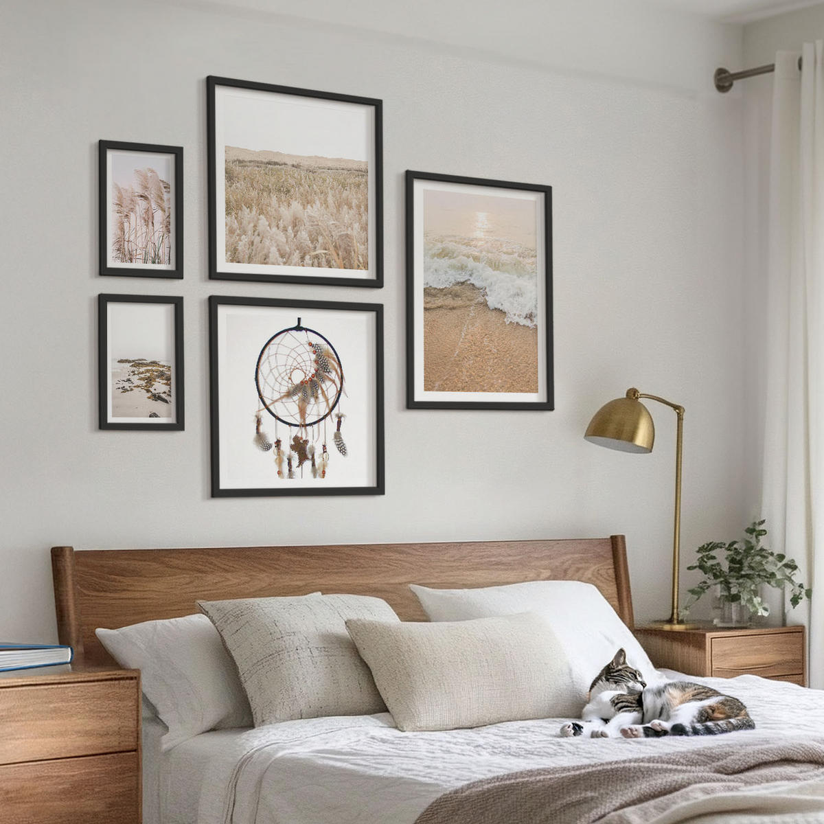 BILDER SET 5er Set - 50x50 cm & 20x30 cm & 40x60 cm Schwarzer Rahmen - Strandgras, Wellen, Steine, Boho-Stil - Schwarz, Kunststoff (40/60cm) - TULUP