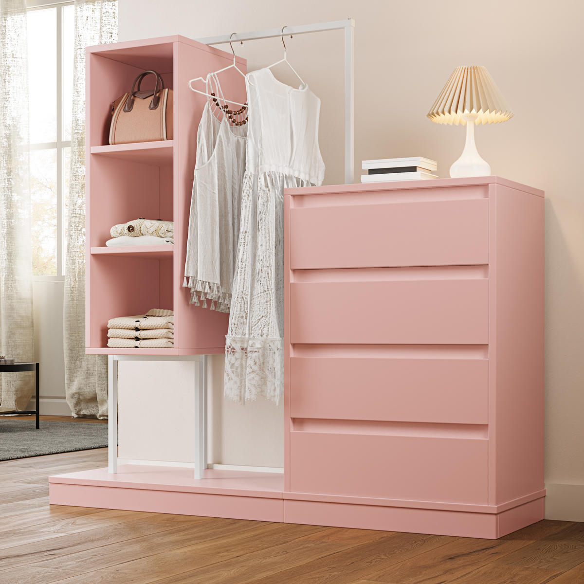 KLEIDERSCHRANK Rosa Set Sideboard Kleiderstange 140cm Modern - Pink, Holzwerkstoff (140/135/40cm) - FLIEKS