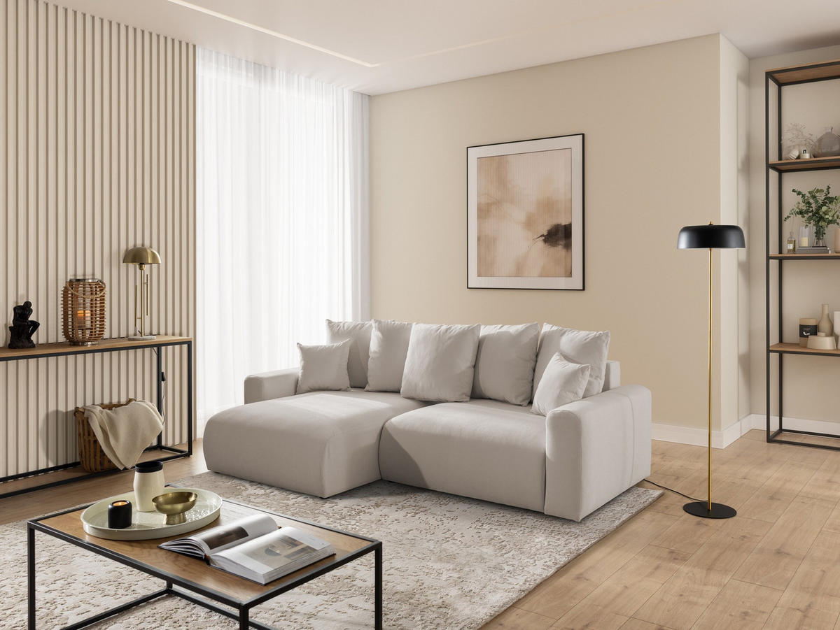 ECKSOFA Calma mit Schlaffunktion und Bettkasten im Bumpy-Design aus weichem Beige Webstoff - Ottomane links - Beige/Schwarz, Holz/Kunststoff (239/140cm) - S-Style