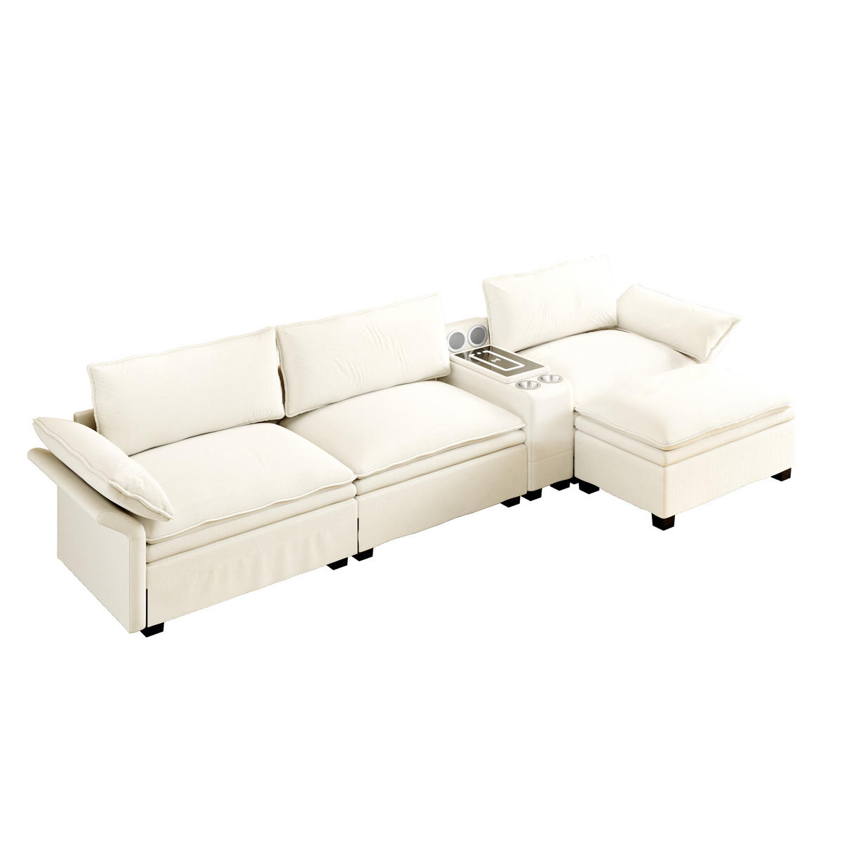 ECKSOFA 315/70/85 cm Beige mit Fußhocker, kabelloses Laden, Lautsprecher, Licht und 2 Getränkehalter - Beige, Textil (315/70cm) - Oxeza
