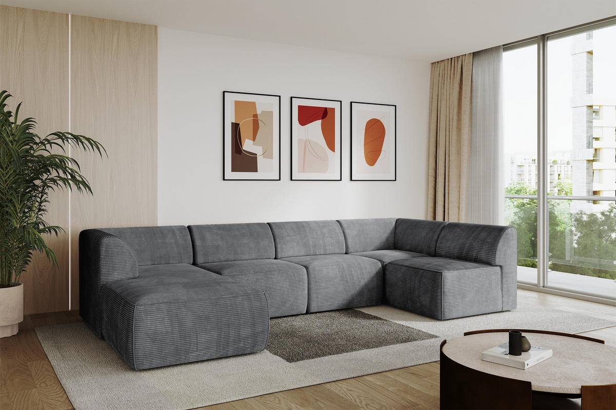 WOHNLANDSCHAFT Ottomane Links MOVA 345x180x78 Dunkelgrau Cord - Dunkelgrau/Anthrazit, Holzwerkstoff/Kunststoff (180/78/345cm) - ALTDECOR