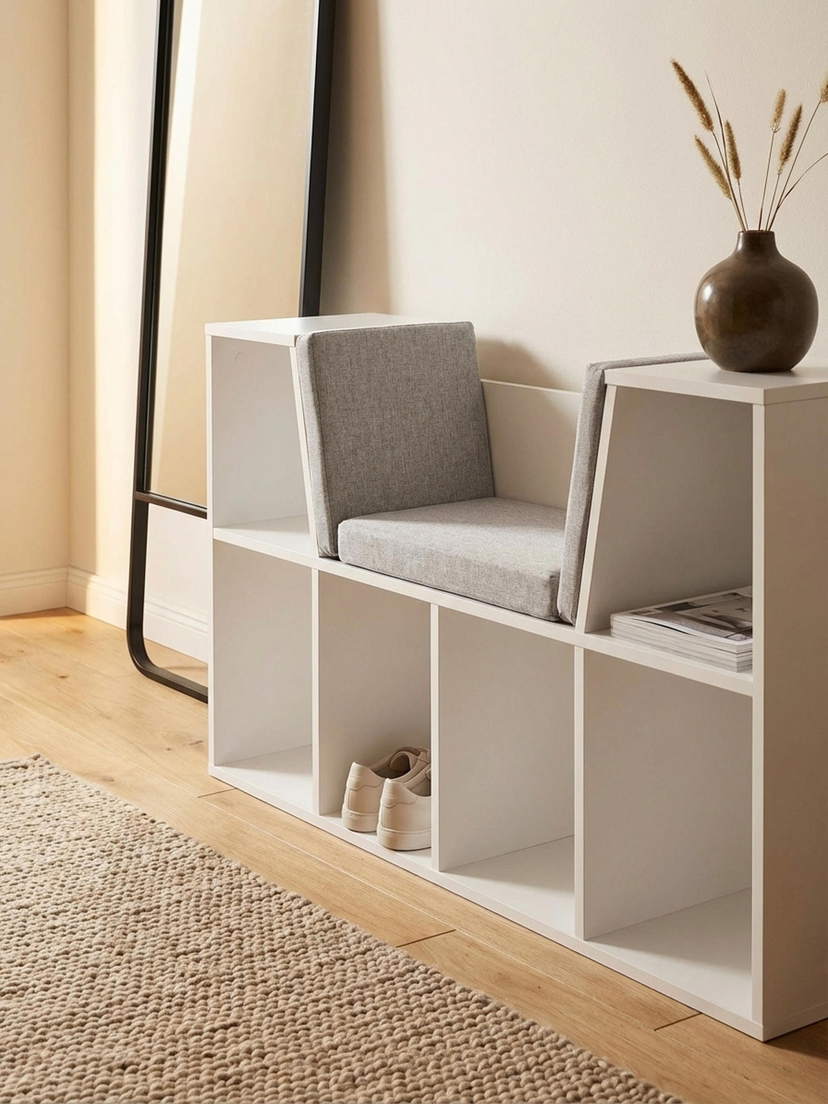 SCHUHBANK – Weiß matt, 101,5x61,5x30 cm, Sitzfläche Grau, 6 Fächer - Weiß/Grau, Holz/Textil (102/62/30cm) - KADIMA DESIGN