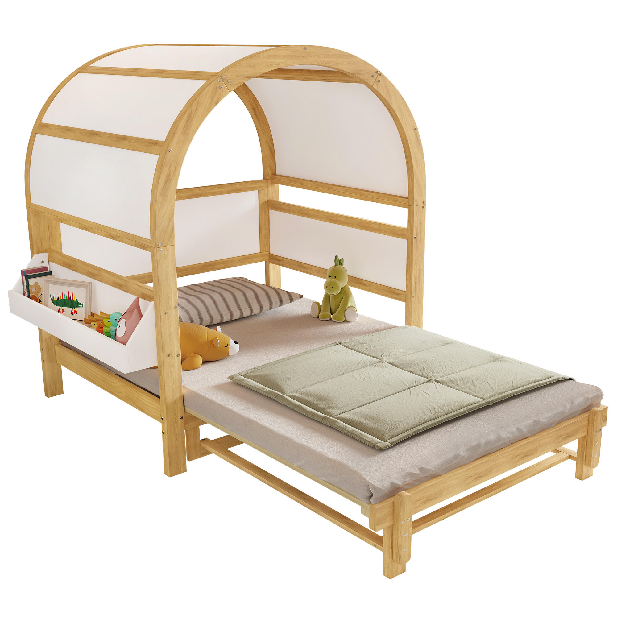 HAUSBETT 140/200 cm Ausziehbar mit Schiebebett Weiß+Natur aus Kiefer - Weiß, Holzwerkstoff (140/200cm) - OKWISH