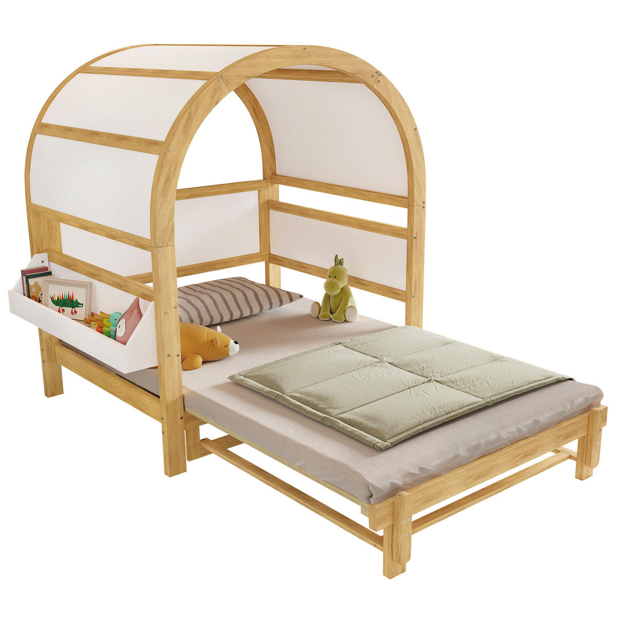 HAUSBETT 140/200 cm Ausziehbar mit Schiebebett Weiß+Natur aus Kiefer - Weiß, Holzwerkstoff (140/200cm) - OKWISH