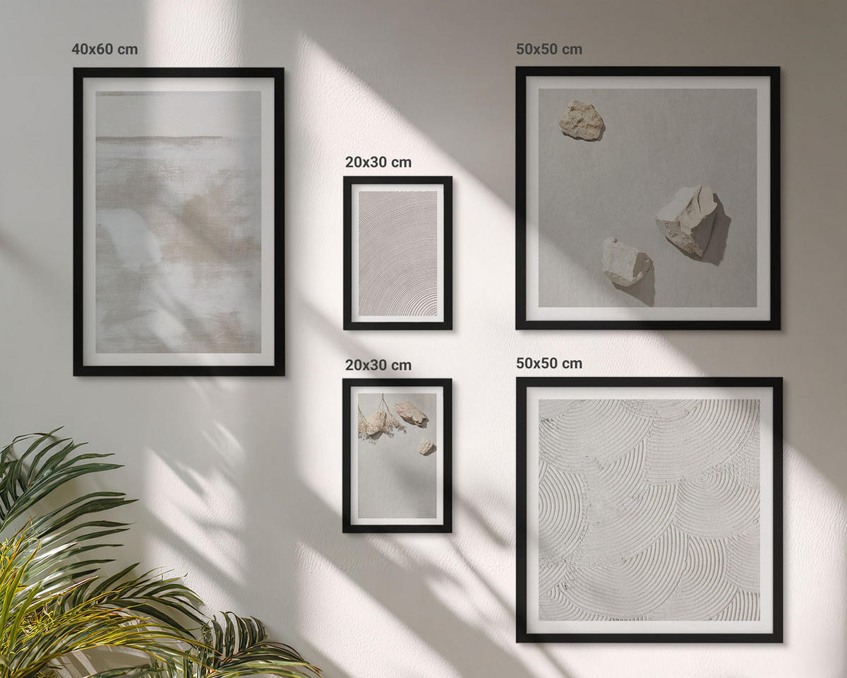 BILDER SET 5er Set - 50x50 cm & 20x30 cm & 40x60 cm Schwarzer Rahmen - Boho-Textur aus Sandsteinen - Schwarz, Kunststoff (40/60cm) - TULUP