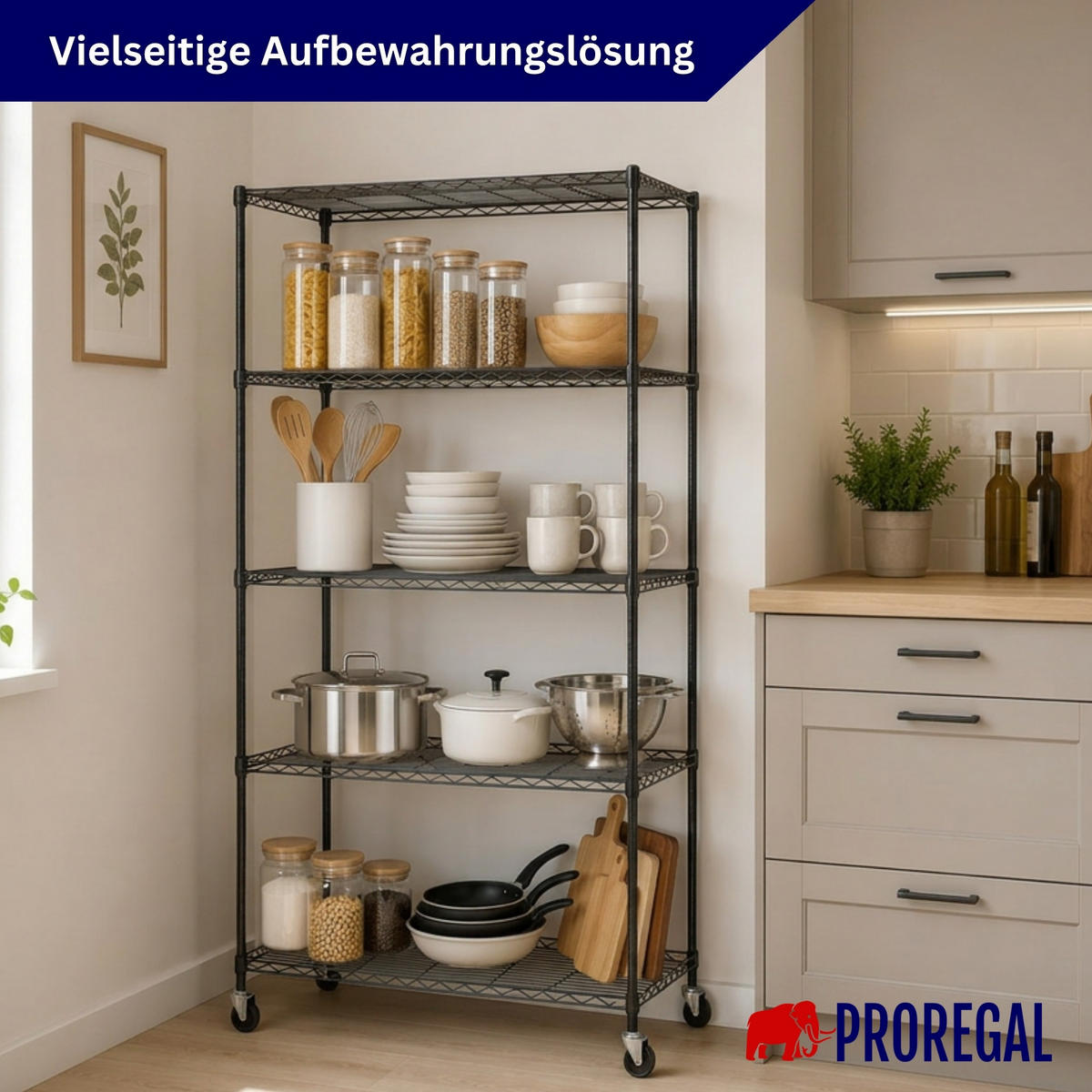 GITTERREGAL HADES mit Rollen & 5 Gitterböden Metall 180x90x60cm Schwarz - Schwarz, Metall (90/180/60cm) - PROREGAL