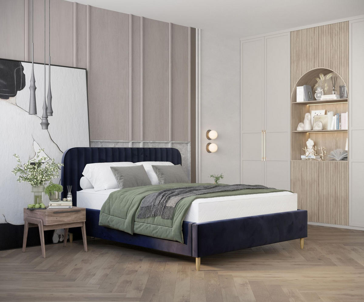 POLSTERBETT Noto Marineblau 140/200 cm im Samtstoff - Naturfarben/Dunkelblau, Holz/Holzwerkstoff (140/200cm) - Maison de Reve