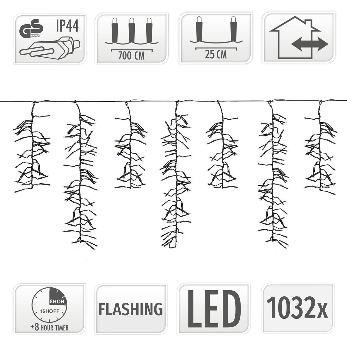 LED EISREGEN LICHTERKETTE Außen Innen Eiszapfen Weihnachtsbeleuchtung mit Timer 7m 1032 LED Warmweiß - Schwarz, Kunststoff (1200cm) - ECD-Germany