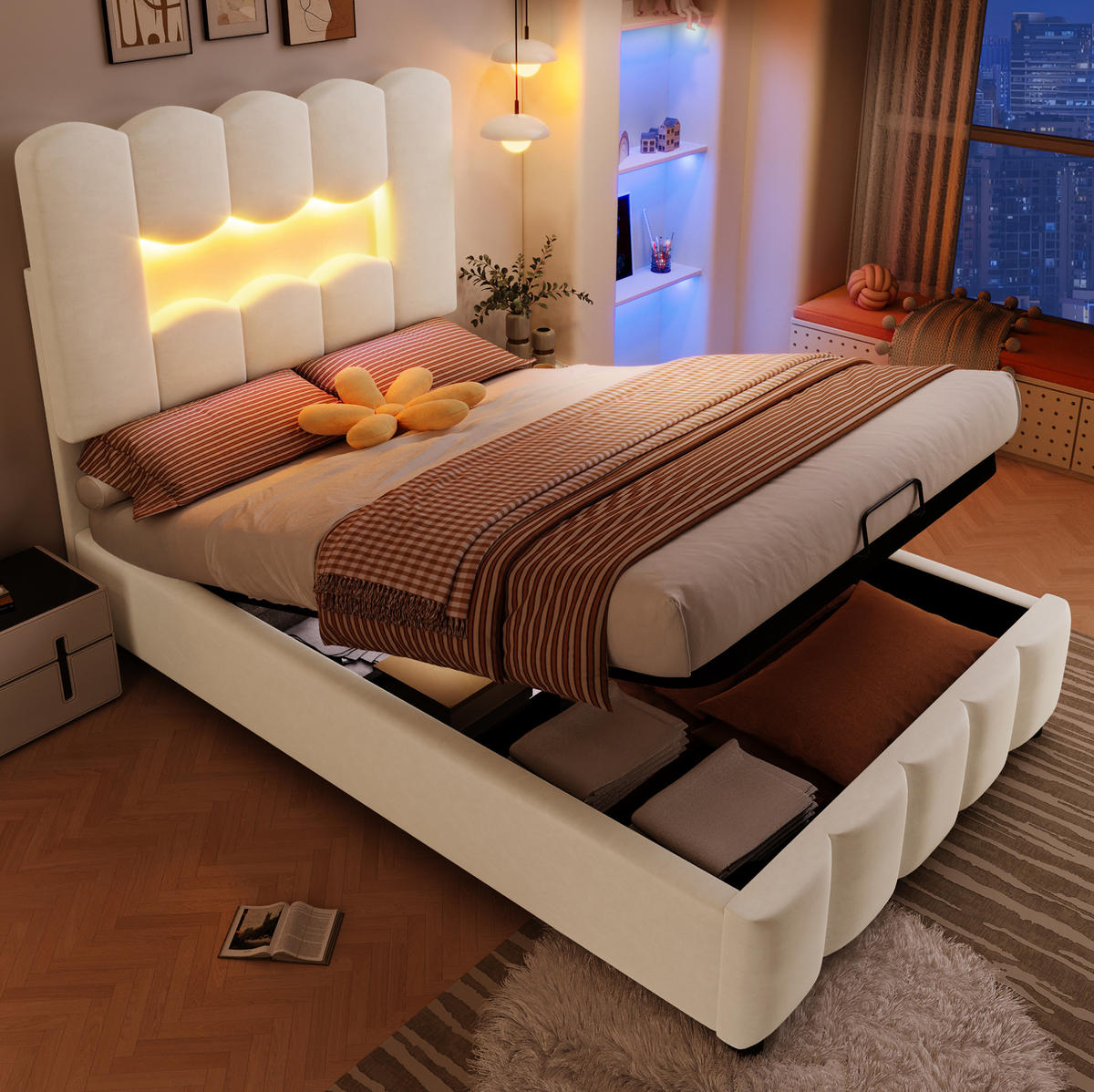 POLSTERBETT 90/200 cm in Beige mit Stauraum und LED-Beleuchtung - Beige, Textil (90/200cm) - Flora Grace