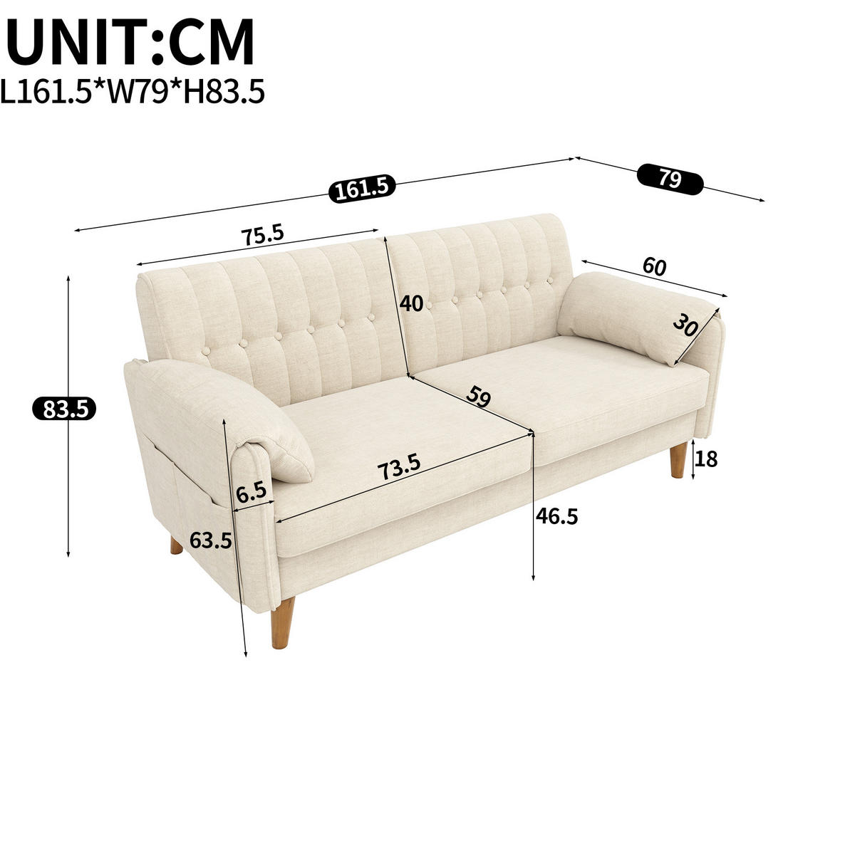 SOFA 161,5/79/83,5 cm in Beige aus Chenille mit Armlehnenkissen - Beige, Textil (79/83.5/161.5cm) - Flora Grace