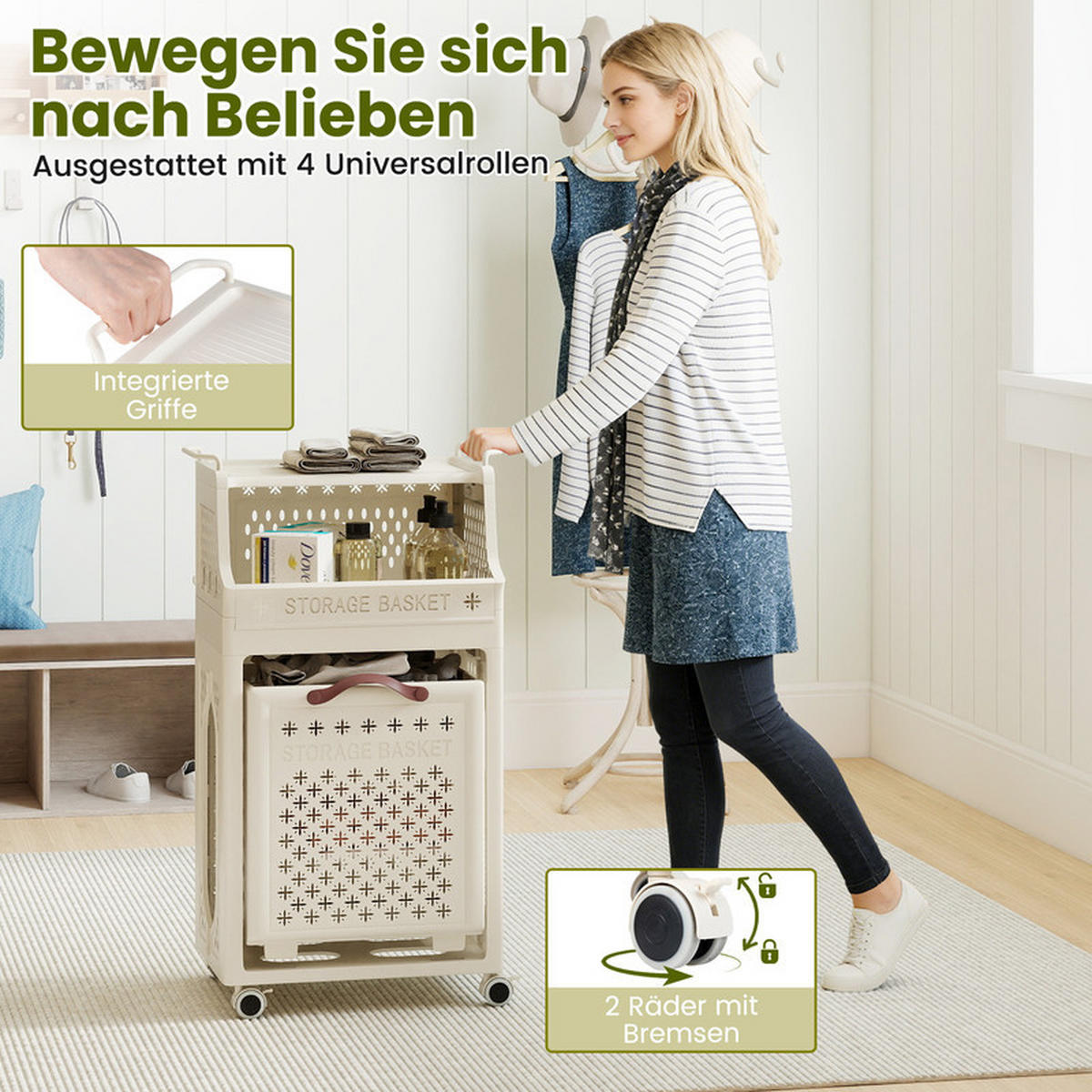 WÄSCHEKORBWAGEN Faltbarer beige - Beige, Kunststoff (44/78/29.5cm) - COSTWAY