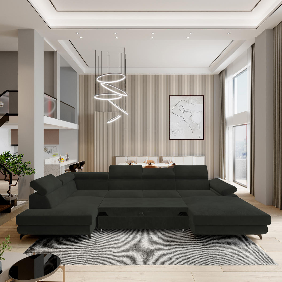 WOHNLANDSCHAFT RUBANO L-S Schwarz Velours-Stoff mit Schlaffunktion - Schwarz, Holz (339/89/190cm) - MASSENO