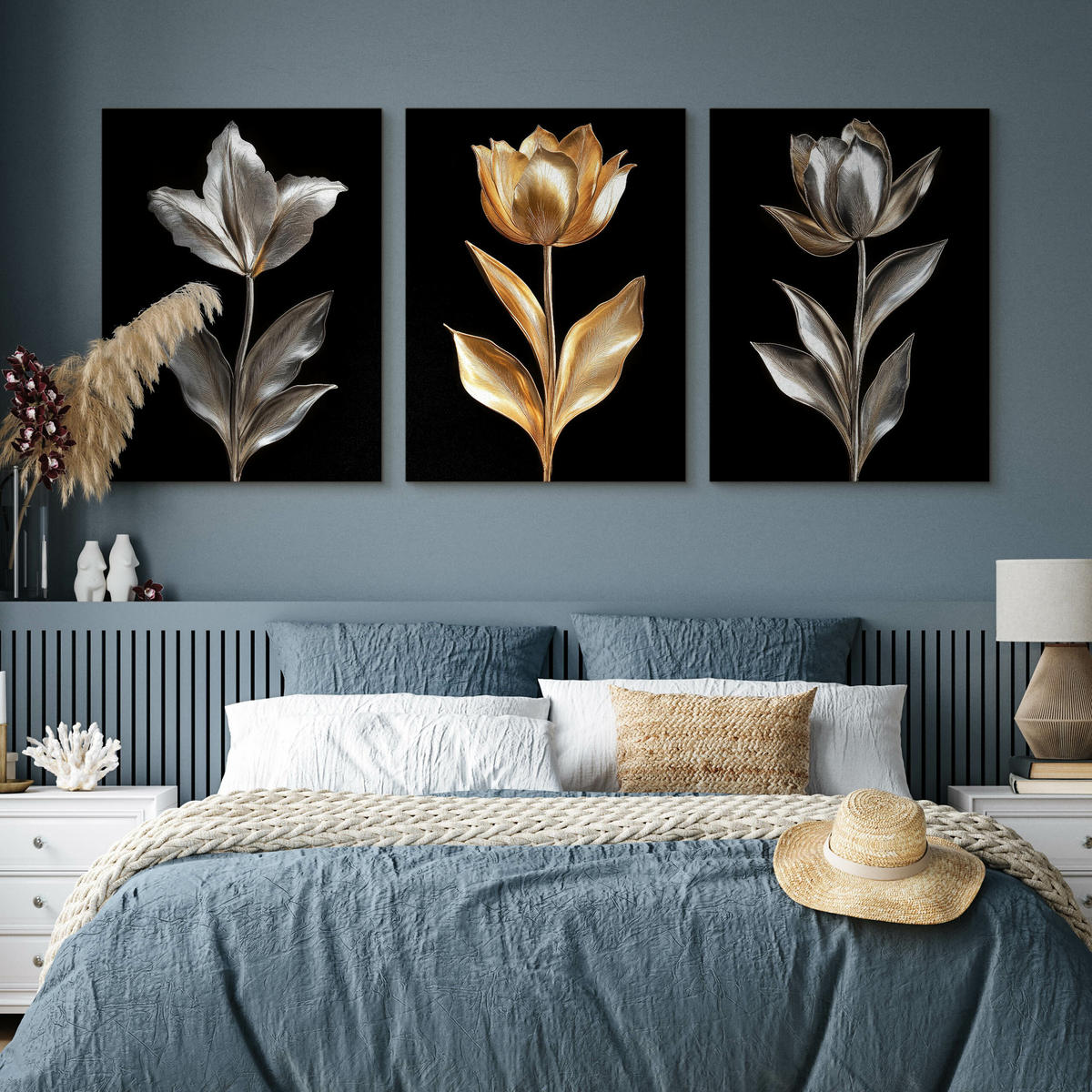 LEINWANDBILDER 3-es Set Abstrakt Blumen - Beige/Schwarz, Textil (90/40cm) - Muralo