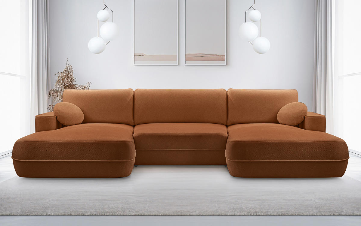 WOHNLANDSCHAFT Peoni Kupfer 364/168/87 cm mit Schlaffunktion - Schwarz/Orange, Kunststoff/Textil (364/87/168cm) - AX Living